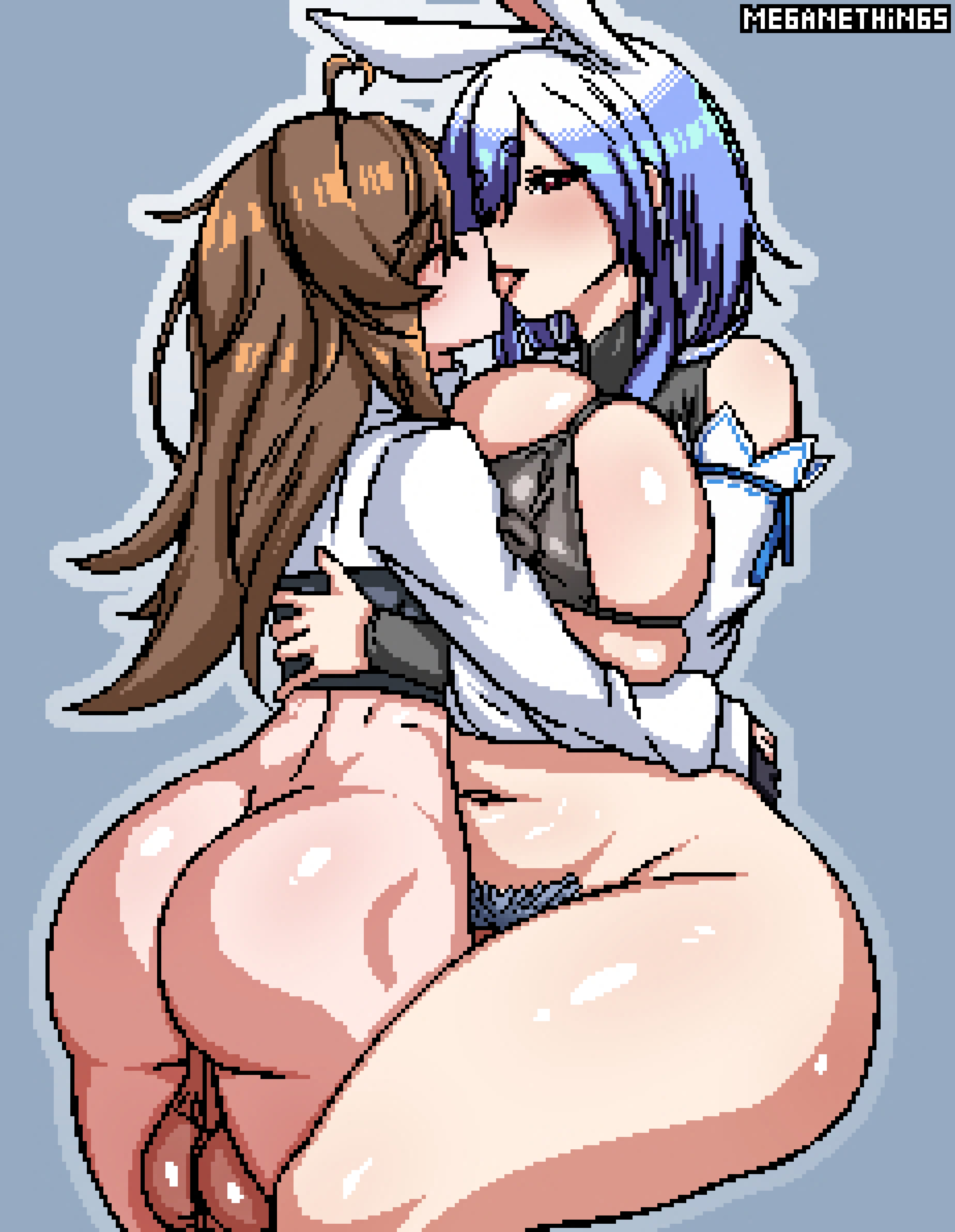 1boy, 1femboy, 1girls, ass, balls, belly, belly button, breasts, brown hair, bunny ears, bunny girl, chubby, chubby female, closed eyes, detached sleeves, female, female pubic hair, femboy, femboy on female, hololive, hololive fantasy, hololive japan, huge ass, huge balls, huge breasts, hugging, kissing, light blue hair, light skin, light-skinned female, light-skinned male, long hair, looking at viewer, male, meganethings, micro bikini, nipple bulge, nipples, pekomama, pixel art, pubic hair, red eyes, testicles, thick, thick thighs, virtual youtuber, wide hips, yume (meganethings)