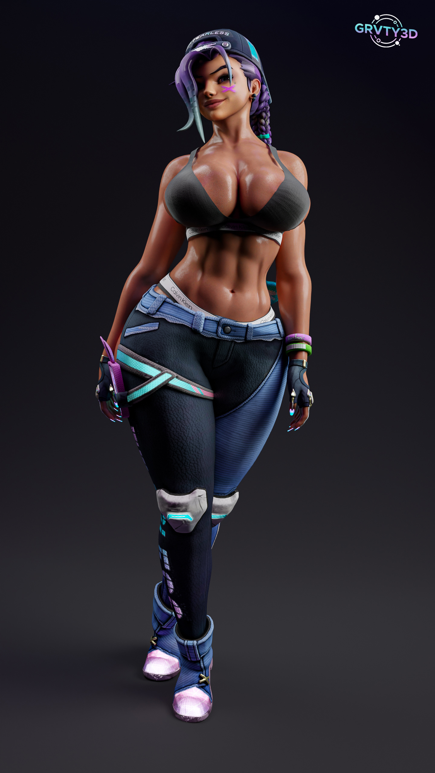1girls, 3d, antifragile slay star, artist name, ass, asymmetrical bangs, backwards baseball cap, baseball cap, big ass, big breasts, boots, braid, braided hair, breasts, bubble ass, bubble butt, curvaceous, curvy, curvy female, curvy figure, dark skin, dark-skinned female, ear piercing, face paint, facial mark, fat ass, female, female only, fingerless gloves, footwear, from side, full body, gloves, grvty3d, hat, headwear, huge ass, jacket, latina, le sserafim, long hair, looking at viewer, mexican, mexican female, mole, mole under eye, multicolored hair, overwatch, overwatch 2, purple eyes, purple hair, shiny skin, side view, simple background, solo, sombra, standing, voluptuous, voluptuous female, wide hips