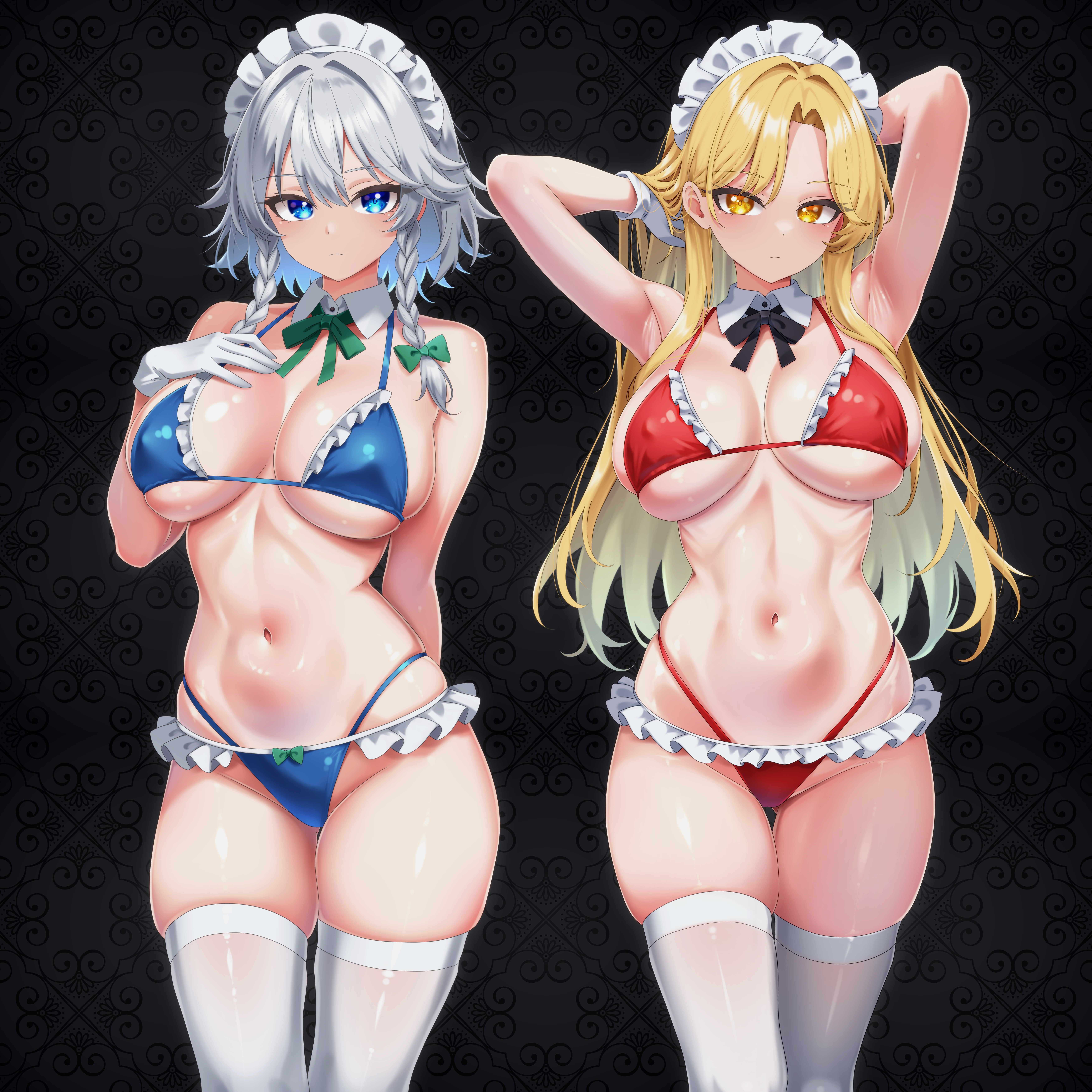2girls, big breasts, bikini, blonde hair, blue eyes, breasts, female, golden eyes, izayoi sakuya, leo23, navel, sakuya izayoi, silver hair, touhou, touhou (pc-98), yumeko (touhou)