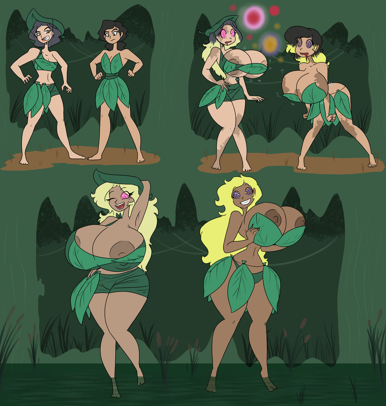 2girls, avatar the last airbender, barefoot, bimbofication, breast expansion, breast growth, breast growth (enlargement), breasts, breasts bigger than body, dark skin, expansion, expansion sequence, female, female only, femsub, full body, gigantic breasts, happy trance, hillbillification, hillbilly, holding breasts, hypnosis, hypnotic eyes, kuvira, large breasts, leaf clothing, leaf on head, lin bei fong, lin beifong, long hair, lordebonfuze, nickelodeon, nipple slip, nipples, the legend of korra, thick thighs, western, wide hips