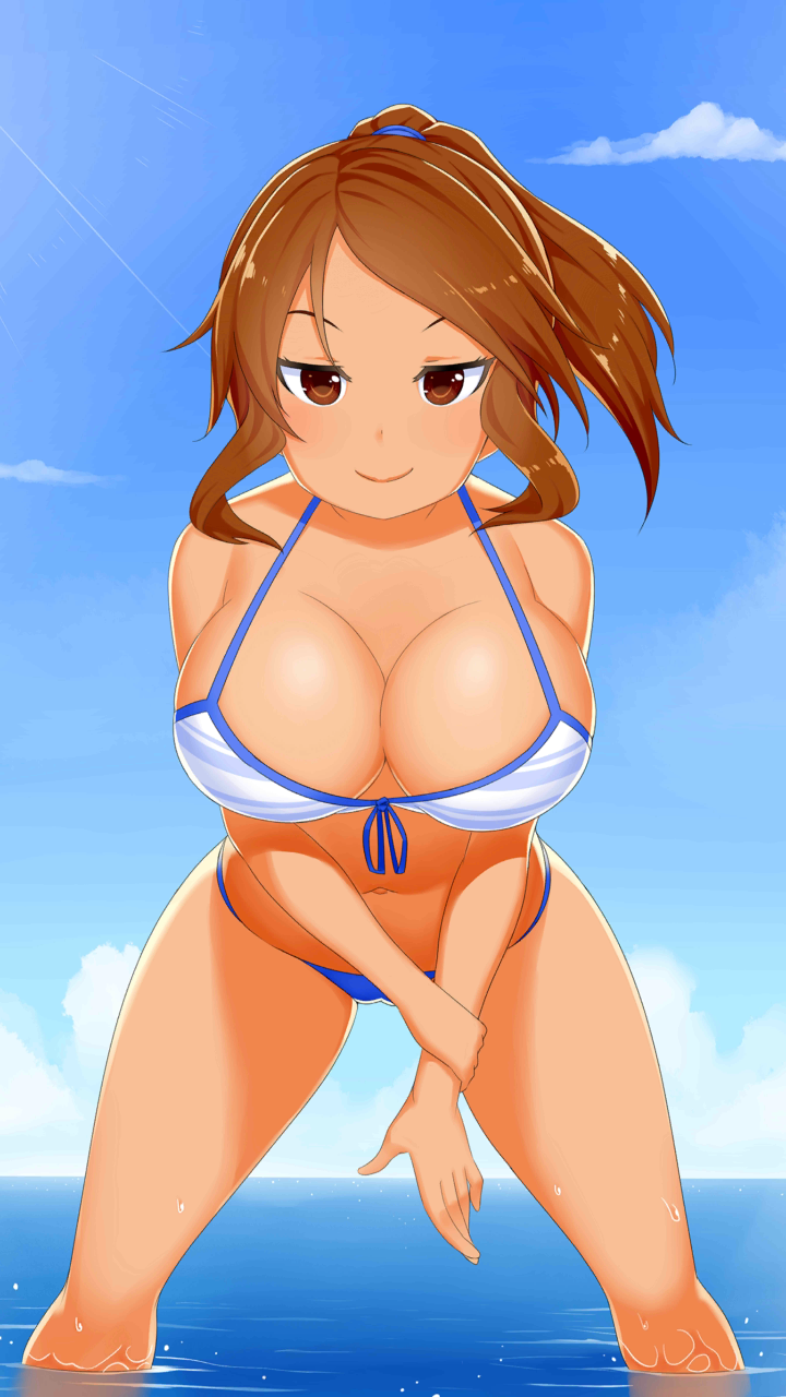 beach big_breasts bikini booty_calls brown_eyes brown_hair female female_only shannon_(booty_calls) solo swimsuit