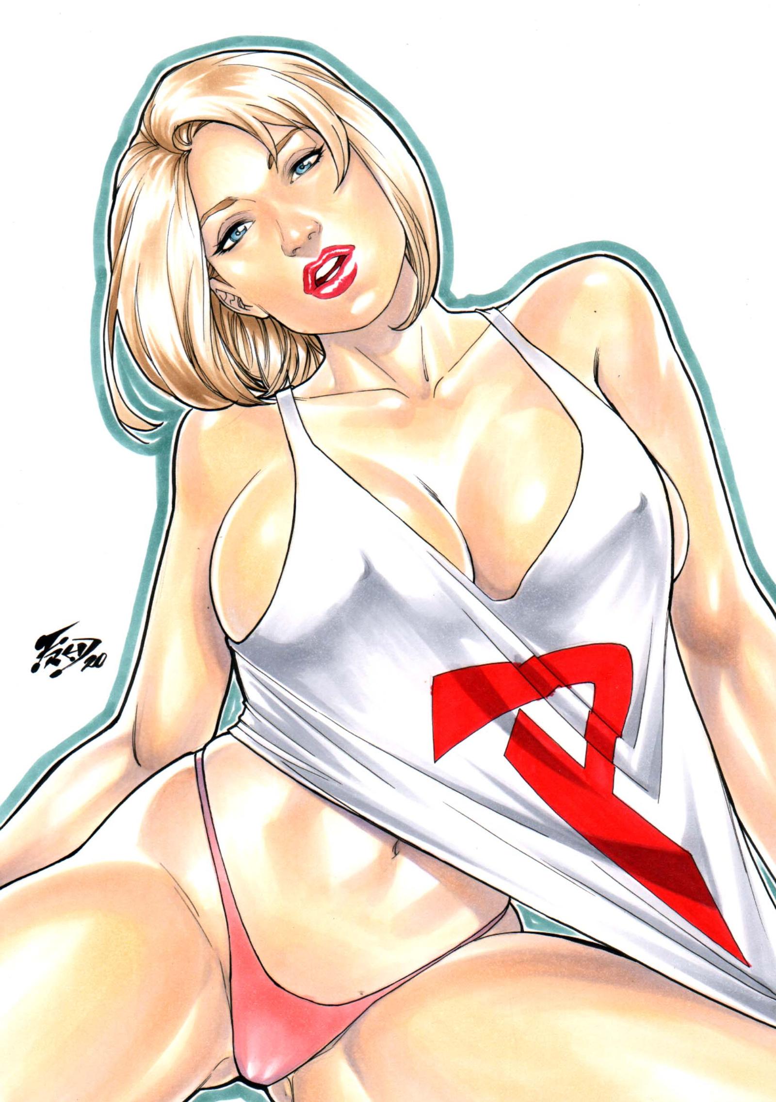 1girls, 2020, big breasts, bikini, bikini bottom, blonde hair, blue eyes, breasts, dc, dc comics, ed benes studio, female, female only, fred benes, kara zor-l, karen starr, large breasts, lipstick, open mouth, power girl, shirt, solo, superman (series), thong, wide hips