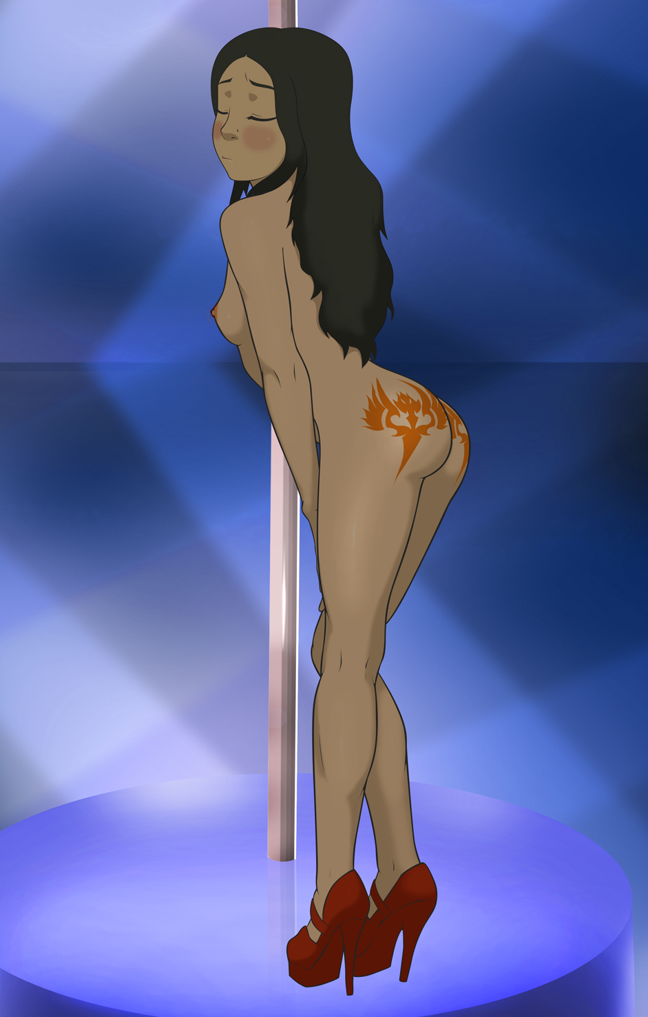 1girls, anaxus, ass, avatar the last airbender, backside, blush, breasts, brown hair, calf muscles, closed eyes, dark skin, dark-skinned female, female, hand on knee, high heels, katara, long hair, muscles, naked footwear, nipples, platform heels, pole, sideboob, small breasts, solo, standing, straight hair, stripper, stripper pole, tattoo