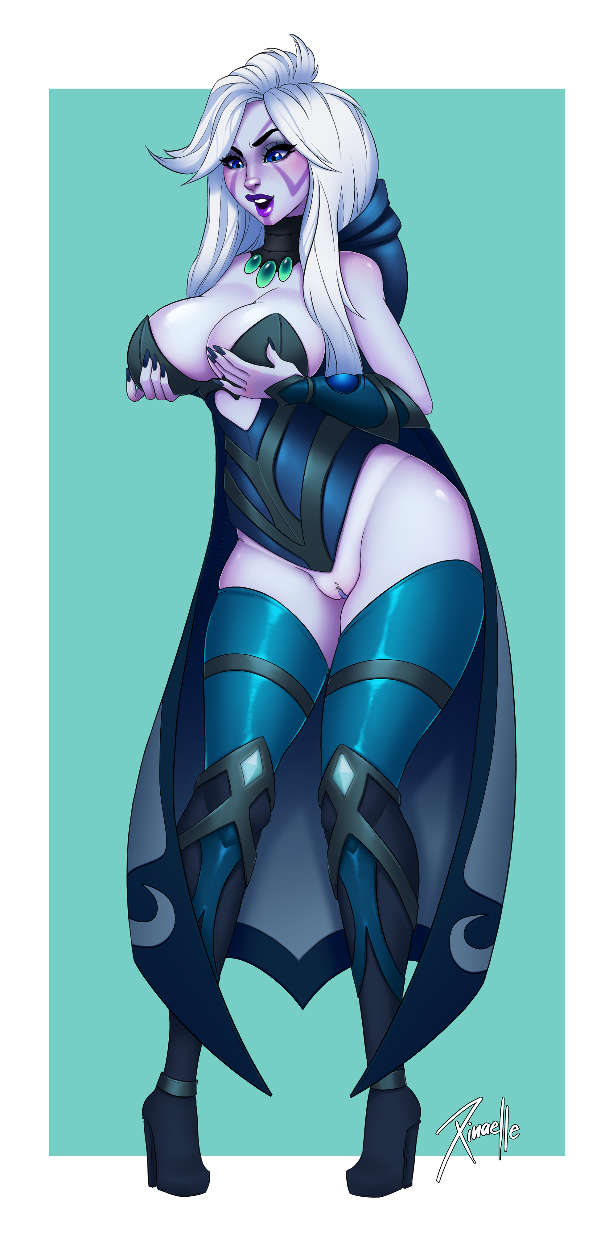 2018, absurdres, big breasts, breasts, cleavage, dota 2, drow ranger, female, female only, highres, large breasts, lipstick, pussy, solo, thighhighs, white hair, xinaelle