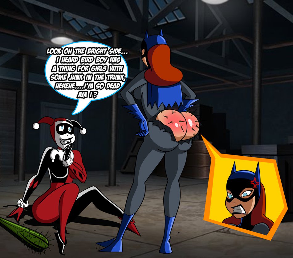 2girls, angry, ass, barbara gordon, batgirl, batman (series), batman: the animated series, breasts, dc, dc comics, dcau, female, grimphantom, harley quinn, harley quinn (classic), mask, medium breasts, multiple females, multiple girls, torn clothes