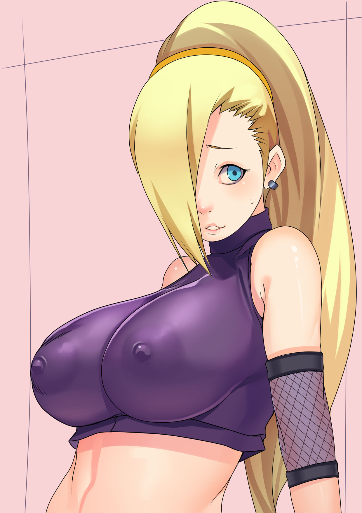 10hmugen, 1girls, blonde hair, blue eyes, female, female only, ino yamanaka, naruto, naruto (series), nipples visible through clothing, solo, solo focus