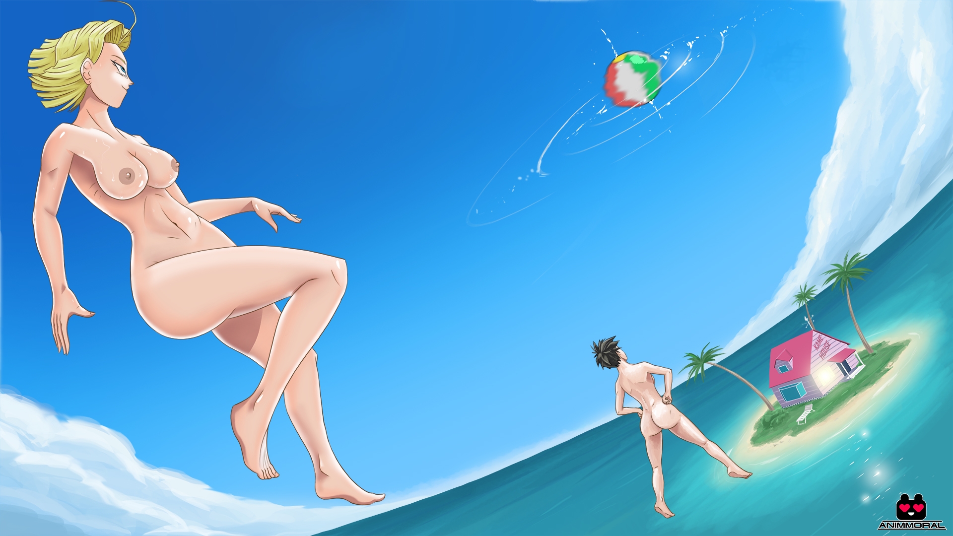 2girls, android 18, animmoral, ass, black hair, blonde hair, breasts, dragon ball, dragon ball z, dutch angle, female, female only, flying, multiple females, multiple girls, nipples, nude, videl