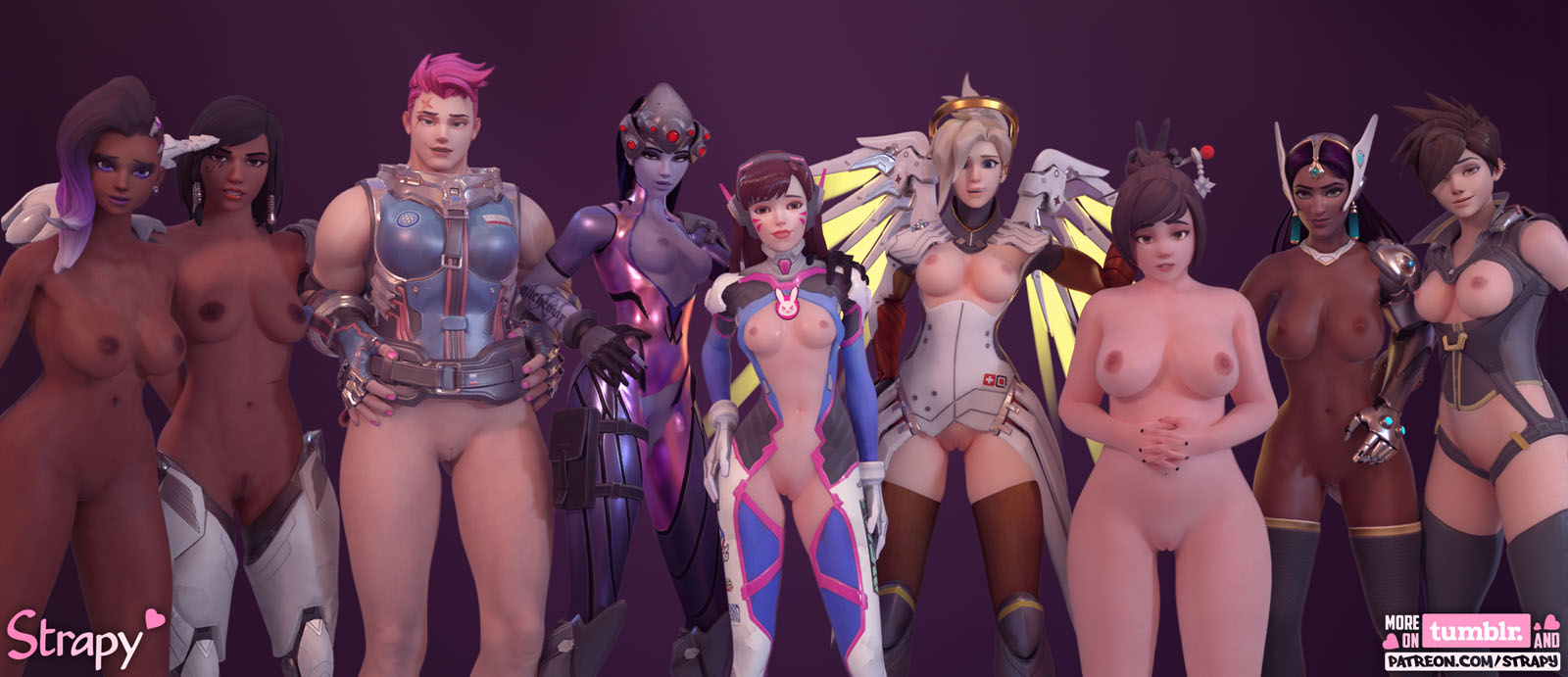 3d, 6+girls, 9girls, alternate costume, areola, areolae, armor, asian, bare shoulders, big breasts, black hair, blender, blizzard entertainment, breasts, brown hair, d.va, dark skin, dark-skinned female, egyptian, exposed, exposed torso, female, female only, front view, hair bun, headset, human, indian, jackal pharah, latina, legs, lipstick, long hair, medium breasts, mei (overwatch), mercy, multicolored hair, multiple females, multiple girls, nail polish, nipples, overwatch, pharah, pink hair, pink nails, purple eyes, purple hair, purple lipstick, purple skin, pussy, rose tracer, shiny, shiny skin, short hair, small breasts, sombra, standing, strapy, symmetra, take your pick, tracer, widowmaker, zarya
