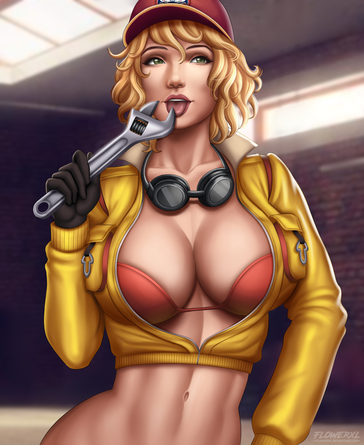 big breasts, black gloves, bra, breasts, cindy aurum, cleavage, female, female only, final fantasy, final fantasy xv, flowerxl, gloves, large breasts, open shirt, pinup, solo