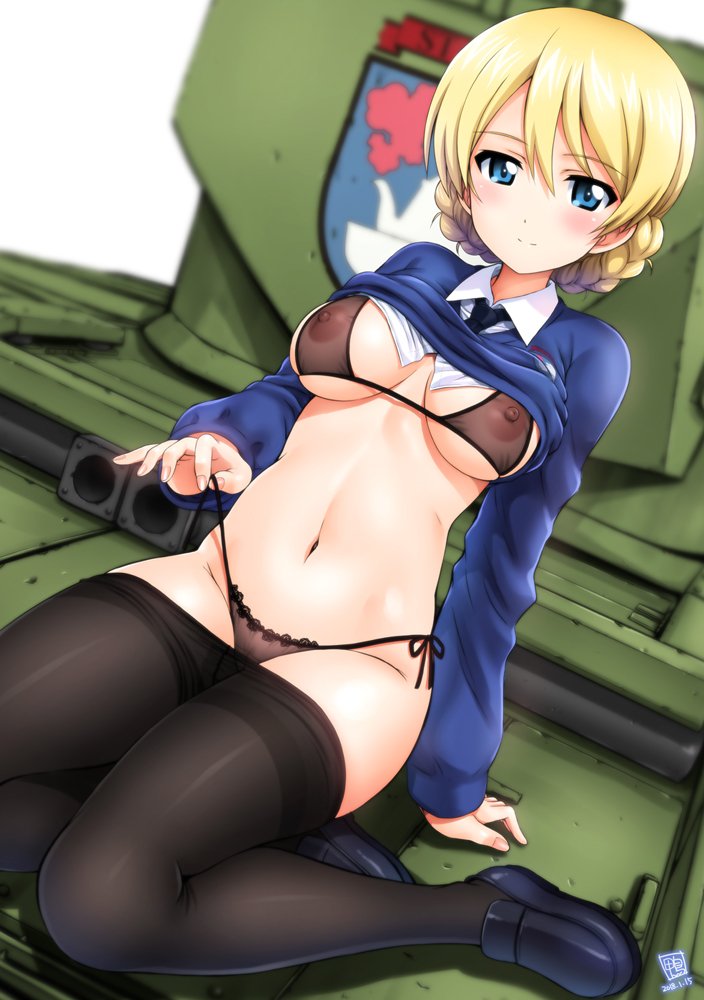 arm_support battle_tank black_bra black_panties blonde_hair blue_eyes blue_sweater blurry blush bra braid breasts breasts_apart closed_mouth commentary_request covered_nipples darjeeling depth_of_field emblem eyebrows_visible_through_hair female girls_und_panzer groin ground_vehicle hair_between_eyes kamogawa_tanuki large_breasts legs light_smile lingerie loafers long_sleeves looking_at_viewer military military_vehicle motor_vehicle navel necktie nipples panties pantyhose pantyhose_pull school_uniform see-through sheer_bra shiny shiny_hair shiny_skin shirt_lift shoes short_hair side-tie_panties sitting smile solo st._gloriana's_(emblem) string_panties sweater swimsuit tank thighs twin_braids underwear untying yokozuwari