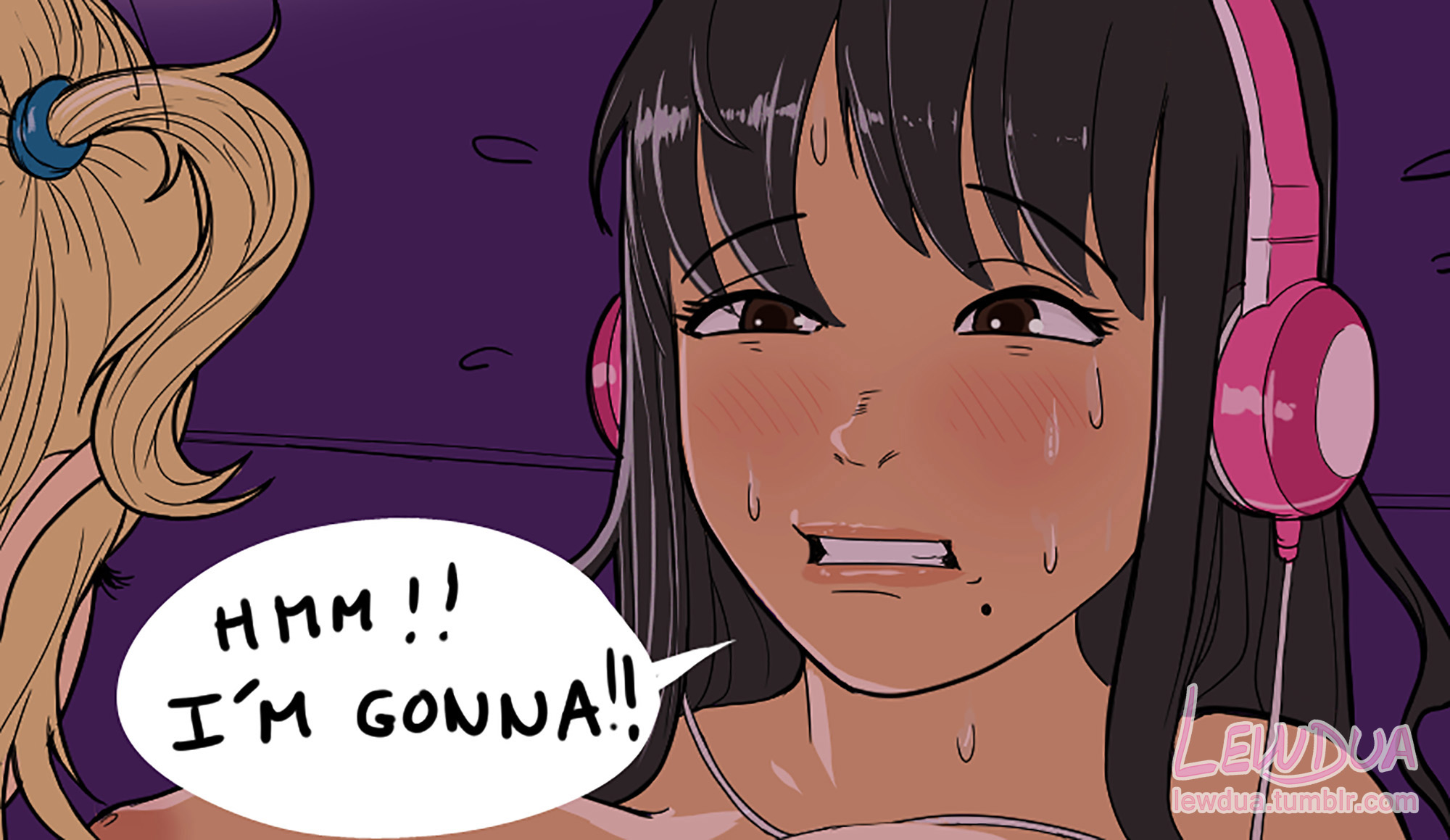 alison (lewdua), areolae, big breasts, breasts, comic, cum announcement, dickgirl, futa on futa, futa only, futanari, imminent orgasm, intersex, large breasts, lewdua, mole, mole under mouth, nessie (lewdua), nipples, original, text