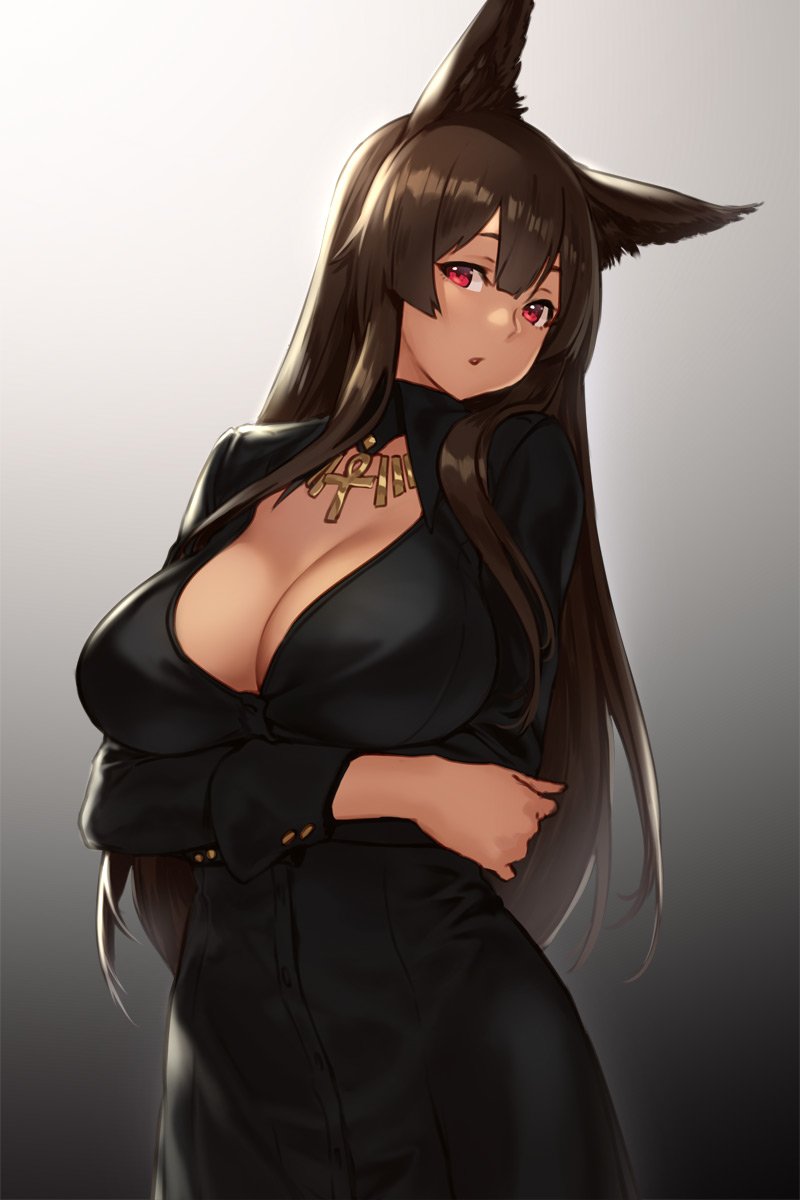 animal ears, anubis (houtengeki), bangs, black dress, breasts, brown hair, cleavage, crossed arms, dark skin, dark-skinned female, dress, egyptian, female, fully clothed, gradient, gradient background, high resolution, houtengeki, jewelry, large breasts, long hair, long sleeves, looking at viewer, open mouth, original, red eyes, simple background, solo, upper body