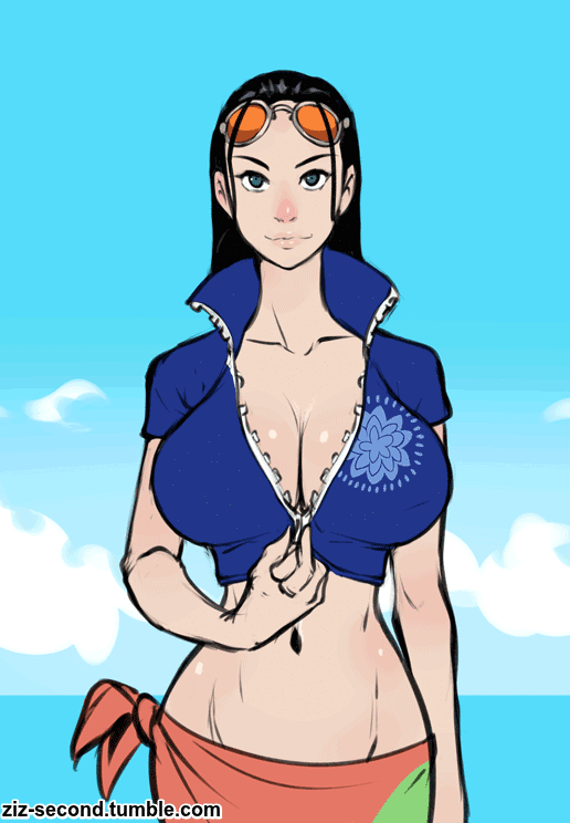 animated, areolae, big breasts, breast squeeze, breasts, commission, female, female only, izra, nico robin, one piece, sarong, sunglasses