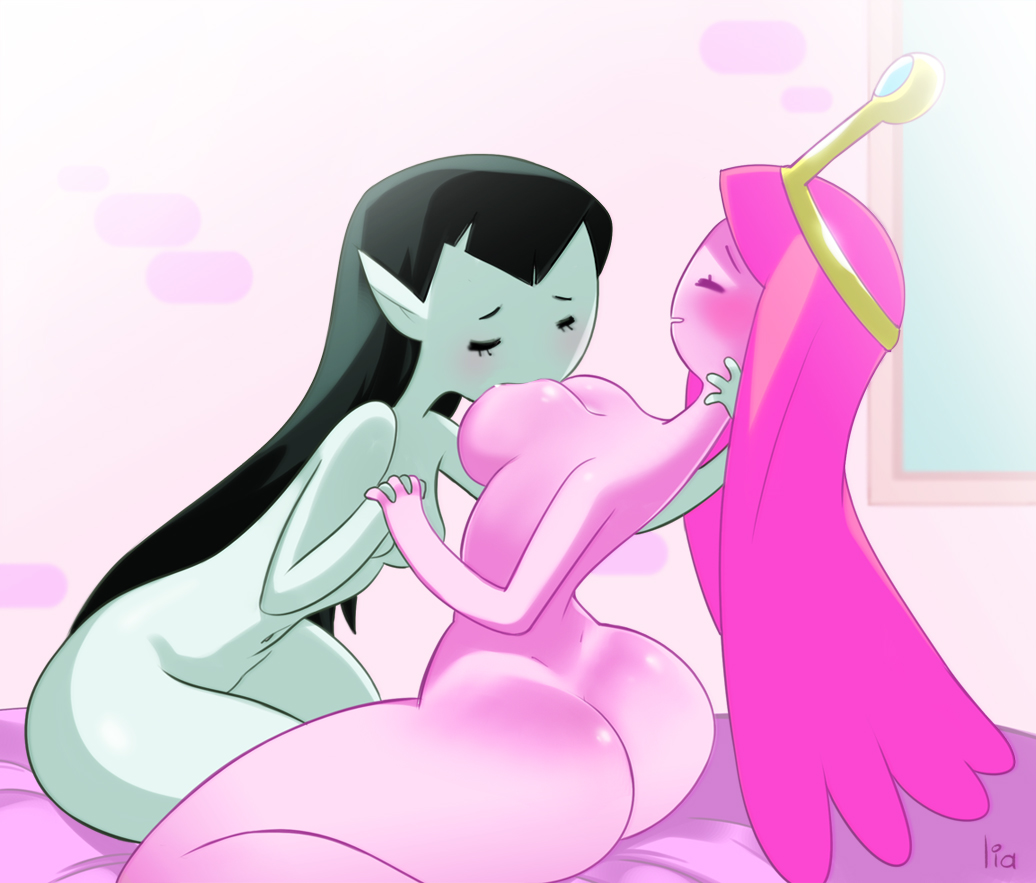 2girls, adventure time, ass, big ass, breast sucking, breasts, canon couple, female, hand holding, lia (artist), long hair, marceline, multiple females, multiple girls, princess bubblegum, small breasts, vampire, yuri