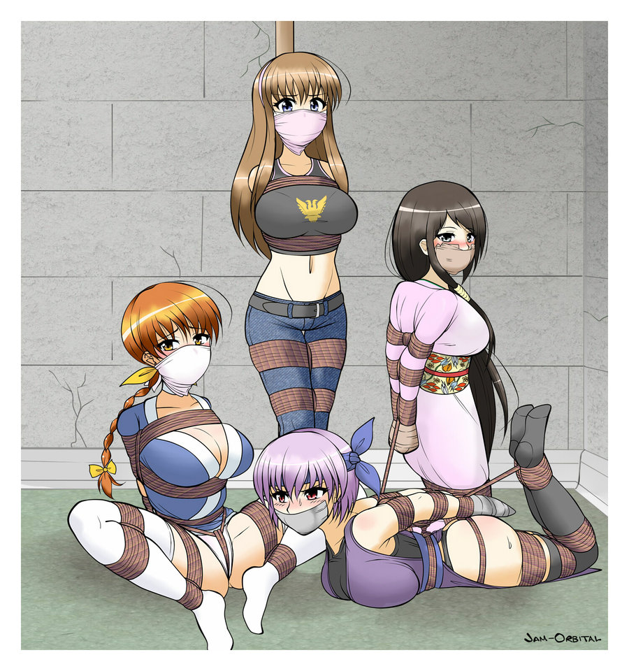 4girls arms_behind_back ass ayane_(doa) blush bondage bound bound_ankles bound_arms bound_legs bound_to_pole brown_hair cleavage cloth_gag crotch_rope dead_or_alive female femsub gag gagged hitomi_(doa) human human_only jam-orbital jeans kasumi_(doa) kokoro_(doa) large_breasts leggings multiple_girls multiple_subs ninja on_stomach over_the_nose_gag panties purple_hair red_hair rope rope_bondage spread_legs tank_top tape_gag taped_hands taped_mouth tecmo tied_to_pole tied_up