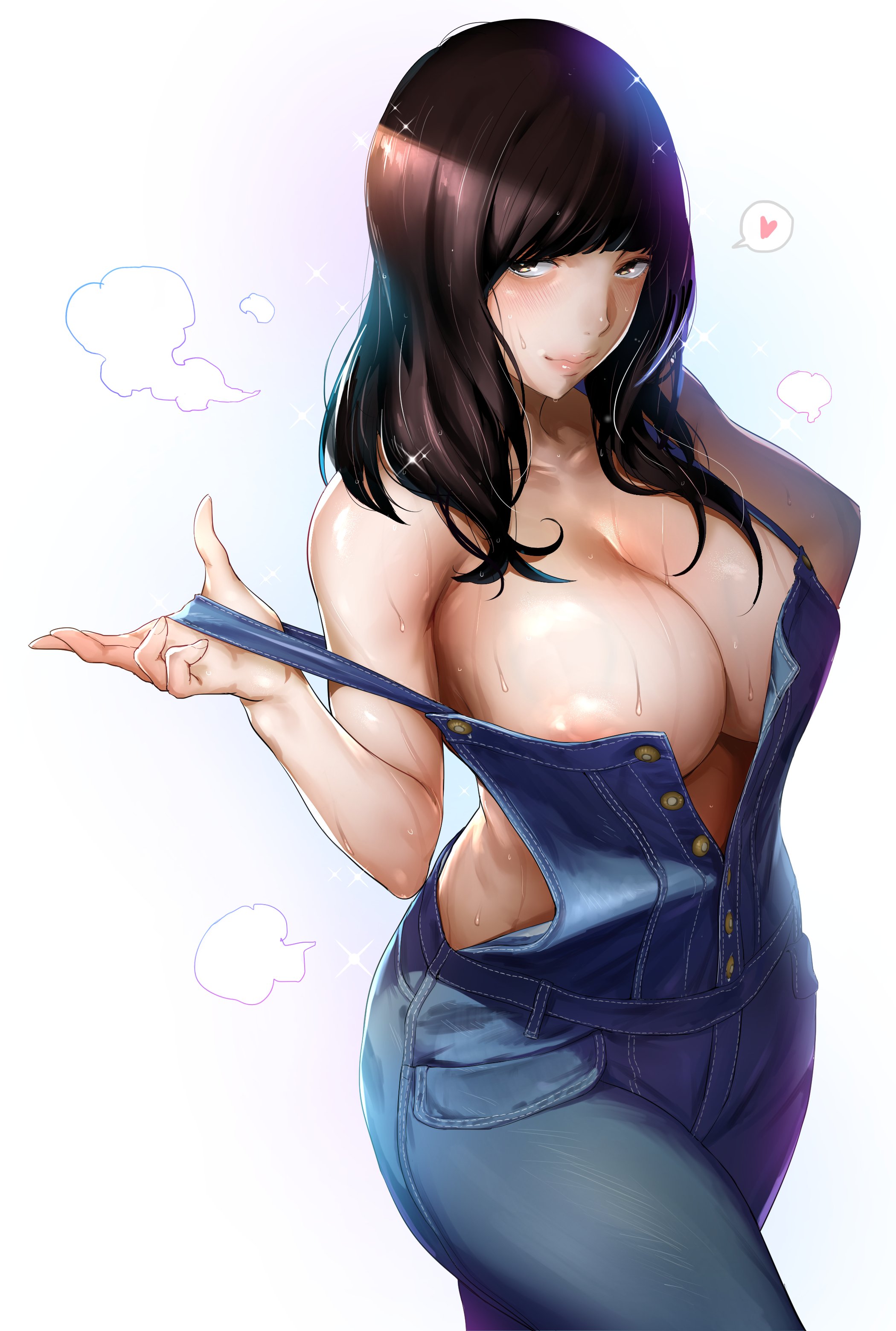 1girls, big breasts, breasts, brown eyes, brown hair, cleavage, denim, denim clothing, female, female only, iku (ikuchan kaoru), kyonyuu-chan (iku), large breasts, looking at viewer, naked overalls, original, overalls, pointy chin, solo, sweat