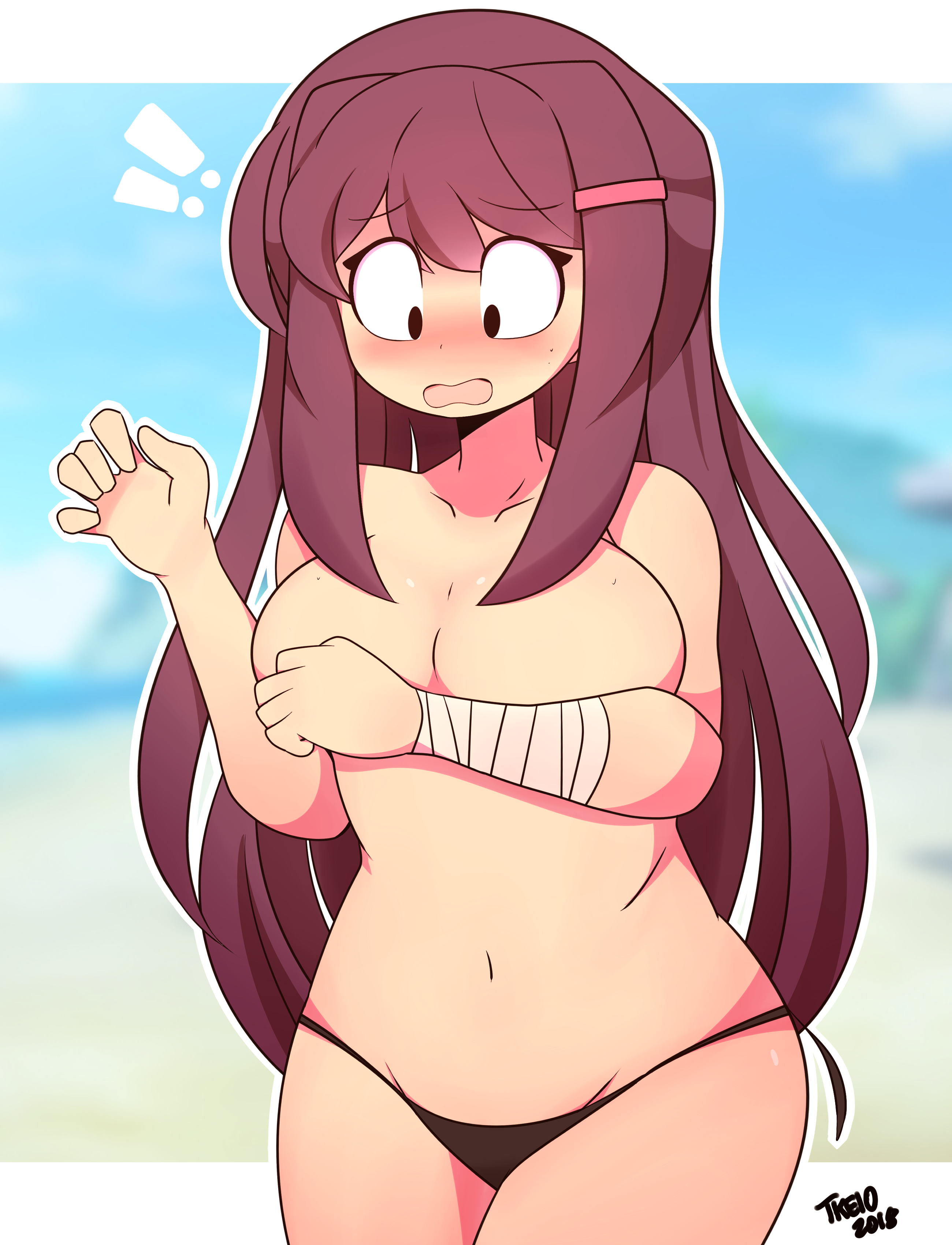 2018, absurdres, arms, bandage, bandaged arm, bangs, bare midriff, bare shoulders, beach, bikini, blush, blushing, breasts, color, covered breasts, covering, covering breasts, doki doki literature club, embarrassed, embarrassed naked female, embarrassed nude female, enf, female, female only, hairclip, human, large breasts, long hair, midriff, mostly nude, naked, nude, open mouth, purple hair, solo, standing, thighs, tkdrawssmut, tkeio, topless, uncensored, underwear, western art, yuri (doki doki literature club)