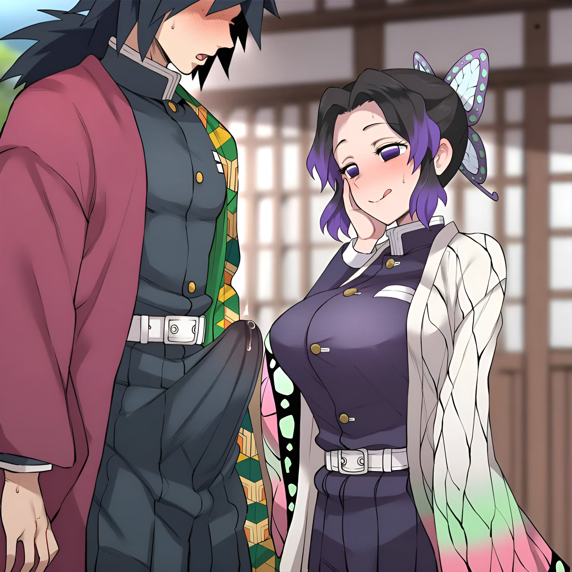 1boy, 1boy1girl, ai generated, alluring, big breasts, big penis, blush, bulge, bulge through clothing, bulge under clothes, clothed, clothed female, clothed male, clothes, couple, curvaceous, curvaceous figure, curvy, curvy body, curvy female, curvy figure, darklust, demon slayer, desire, erect penis, erection, erection under clothes, female, hand on head, heterosexual, horny, horny female, horny male, imminent sex, kimetsu no yaiba, kochou shinobu, leaking, leaking penis, leaking precum, male, male/female, pre sex, smile, smiley face, smiling, straight, tomioka giyuu, wanting sex