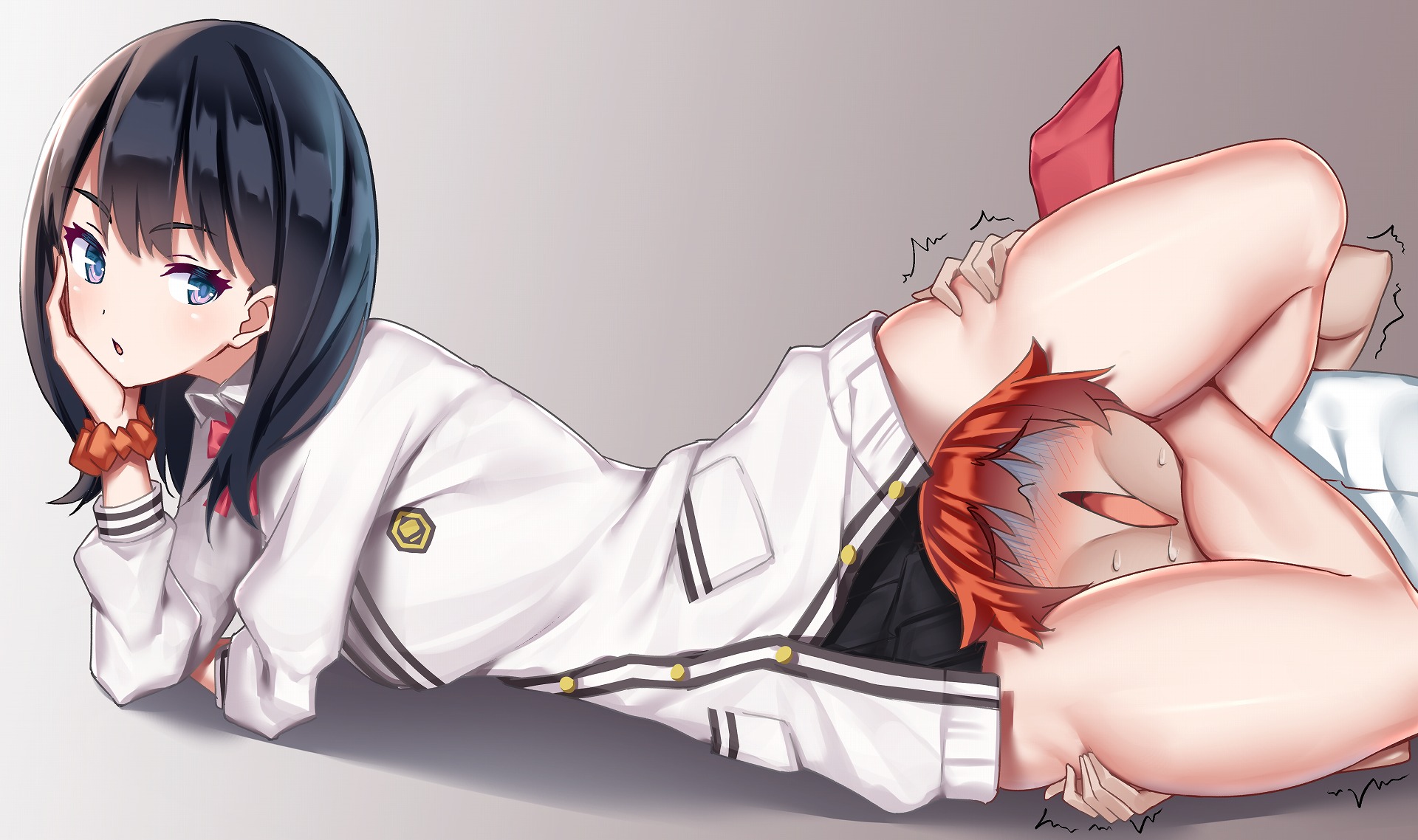 1boy, 1girls, between thighs, black hair, black hair female, blue eyes, bracelet, choke hold, choked, eyebrows visible through hair, female, femdom, footwear, gridman universe, hagakure kurage, hibiki yuuta, highres, jewelry, open mouth, red footwear, red hair, red hair male, scissorhold, skirt, ssss.gridman, takarada rikka, thick thighs, thighs, woman