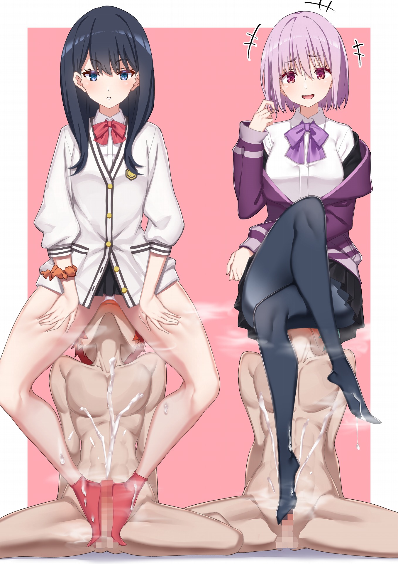 2boys, 2girls, black hair, black hair male, crossed legs, cum, ejaculation, eyebrows visible through hair, facesitting, feet, feet fetish, feet on penis, femdom, foot fetish, foot focus, footjob, footwear, hagakure kurage, hibiki yuuta, neck ribbon, orgasm, panties, red footwear, red hair, red hair male, ribbon, semen, shinjou akane, simple background, sitting, sitting on face, sitting on person, skirt, ssss.gridman, takarada rikka, utsumi shou, white panties