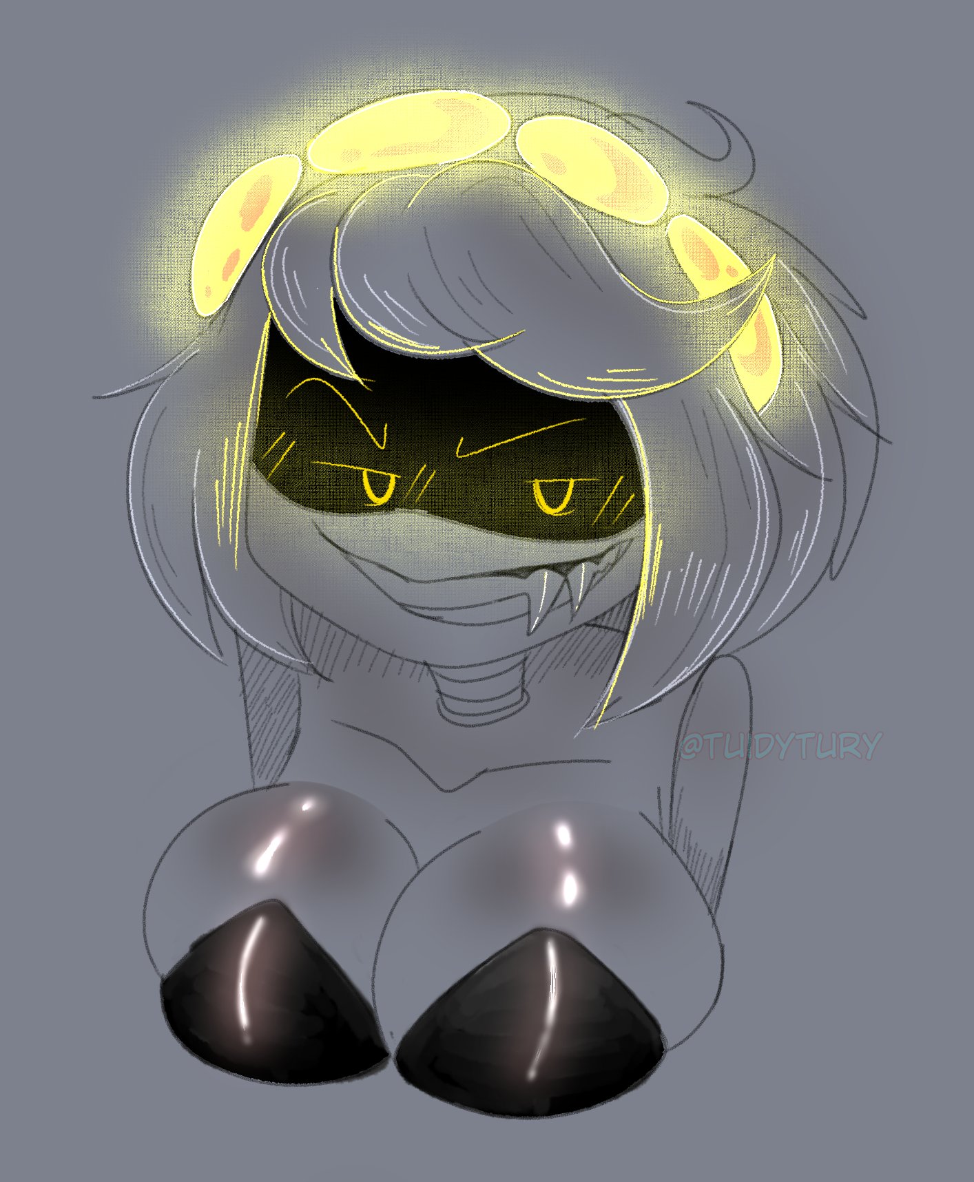 1girl, bedroom eyes, big breasts, bob cut, cleavage, fangs, female, female only, fully clothed, glitch productions, murder drones, robot girl, shiny skin, strapless dress, tagme, tuidytury, v (murder drones)