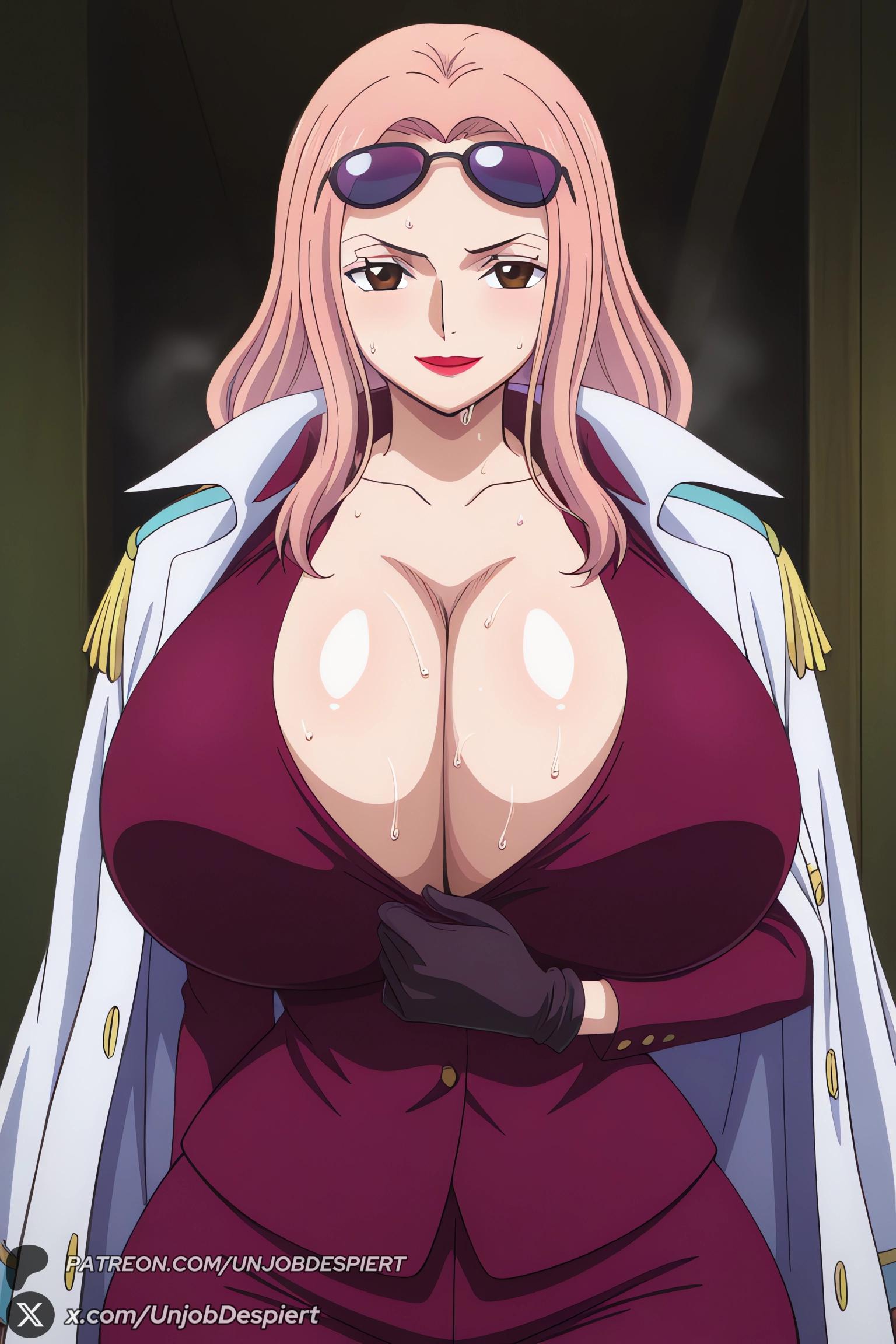 1female, 1girls, 2026, ai generated, artist name, big ass, big breasts, black gloves, breasts, brown eyes, cleavage, collarbone, curvy, epaulettes, eyewear on head, female, female only, formal, gloves, hi res, high quality, high resolution, highres, hina (one piece), huge ass, huge breasts, jacket, jacket on shoulders, lipstick, long hair, long sleeves, looking at viewer, makeup, one piece, patreon, patreon username, pink hair, red lips, skirt, smile, solo, suit, sunglasses, sweat, unjobdespiert, watermark