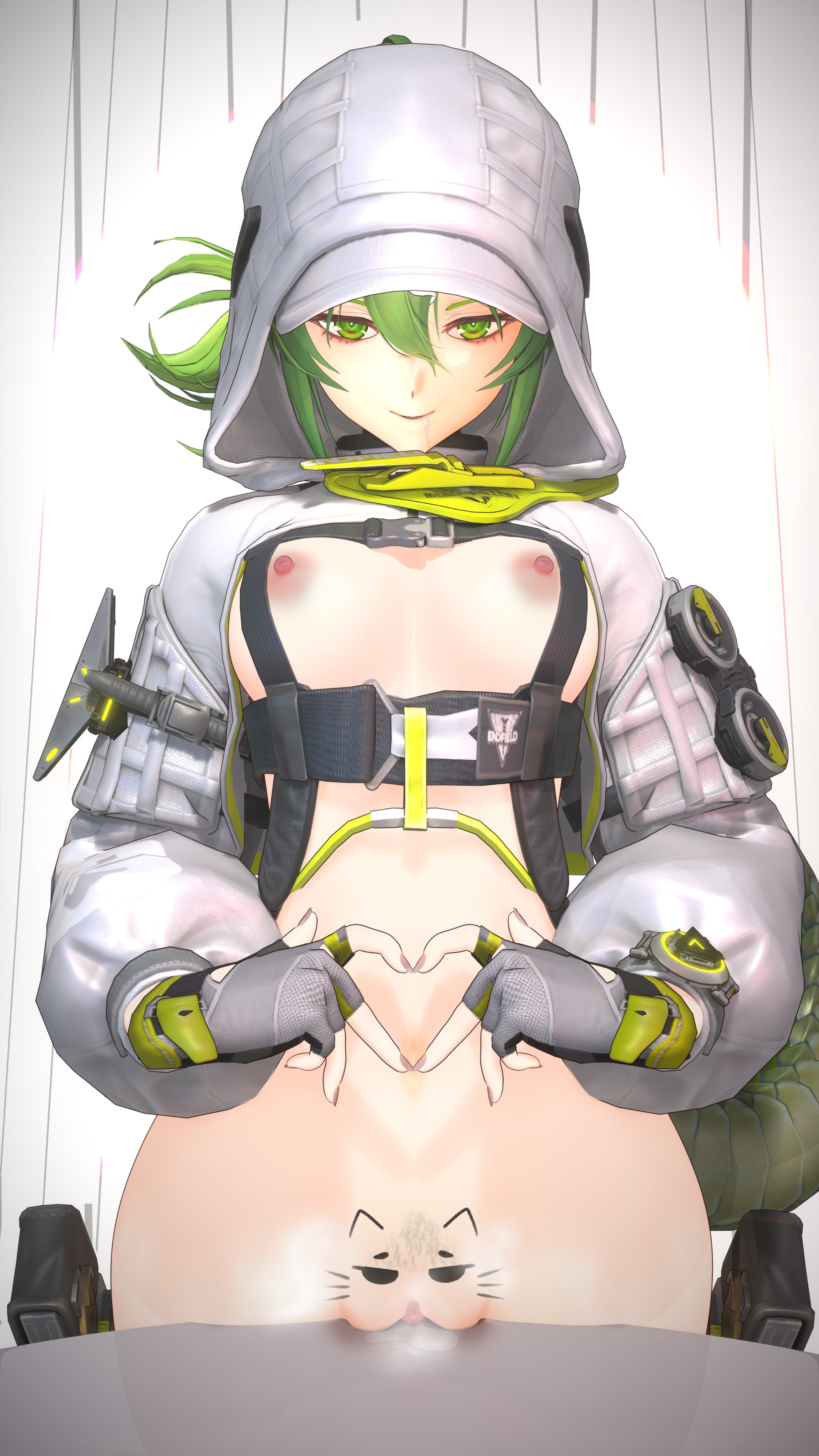1girls, arknights: endfield, breasts, do you want to pet my cat (meme), fluorite, fluorite (arknights: endfield), green eyes, green hair, hoodie, jacket, pussy, trend