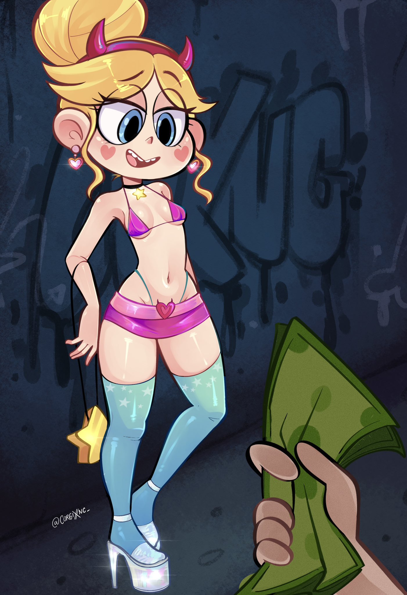 1girls, alley, blonde hair, corgixnc, earrings, female, female focus, hairband, heart-shaped earrings, high heels, holding money, hooker, money, platform heels, propositioning, prostitute, prostitution, revealing clothes, skimpy, skimpy clothes, slut, slutty female, star butterfly, star vs the forces of evil, teen, teen girl, teenage female, teenage girl, teenage prostitute, teenager, thighhighs, young, young female