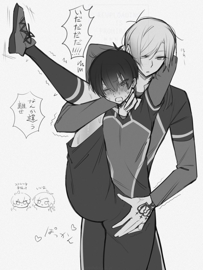 blue lock, brat, bratty, bratty correction, cute, cute expression, cute face, cute male, isagi yoichi, male, male/male, michael kaiser, open legs, open mouth, pleasure face, shinashina, smaller male, soccer uniform, sweat, sweating, wide hips, wide thighs