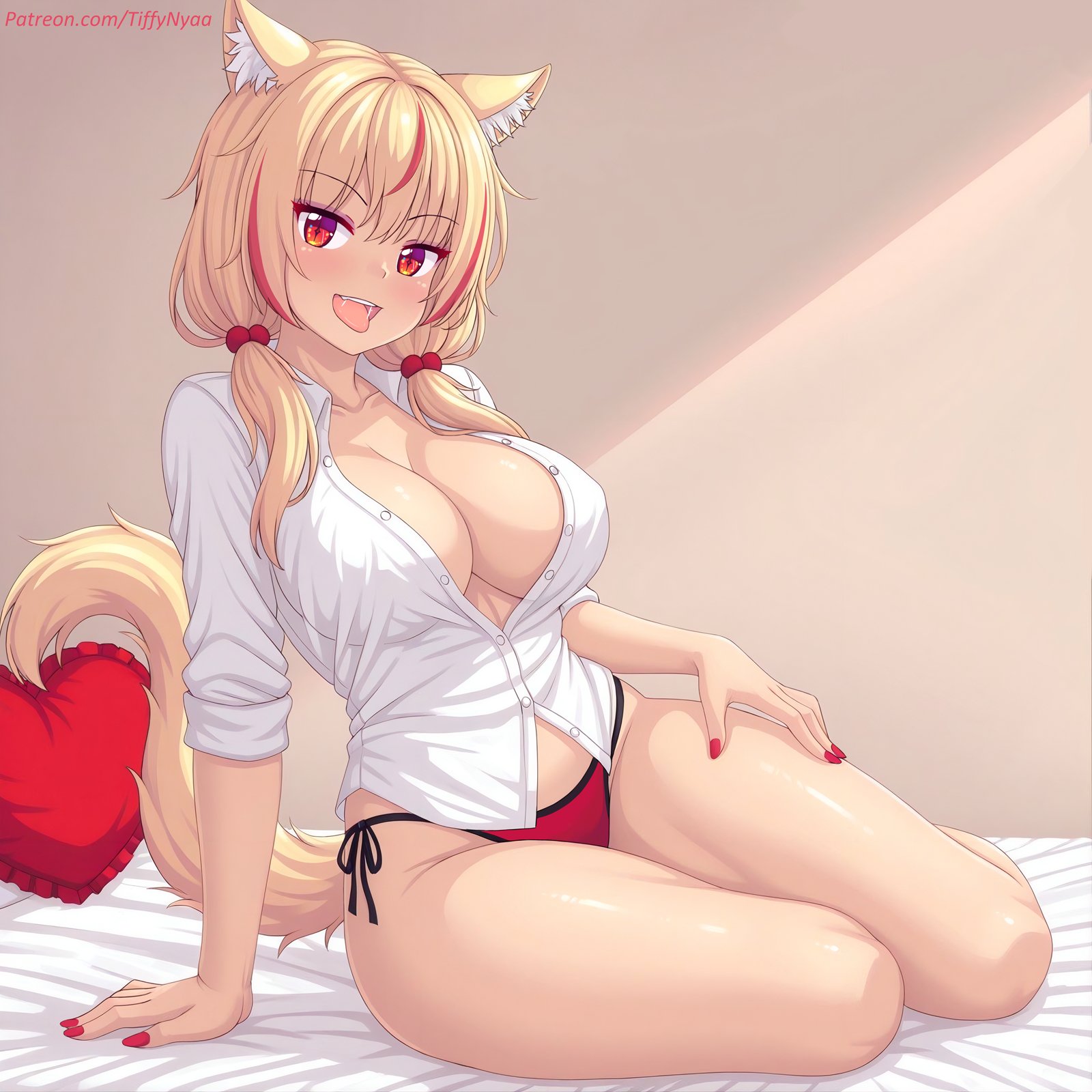blonde hair, breasts, button down shirt, cat ears, catgirl, cleavage, large breasts, nottytiffy, painted nails, panties, red highlights, side-tie panties, tail, thick thighs, thighs, tiffy, tiffynyaa, twintails, unbuttoned shirt