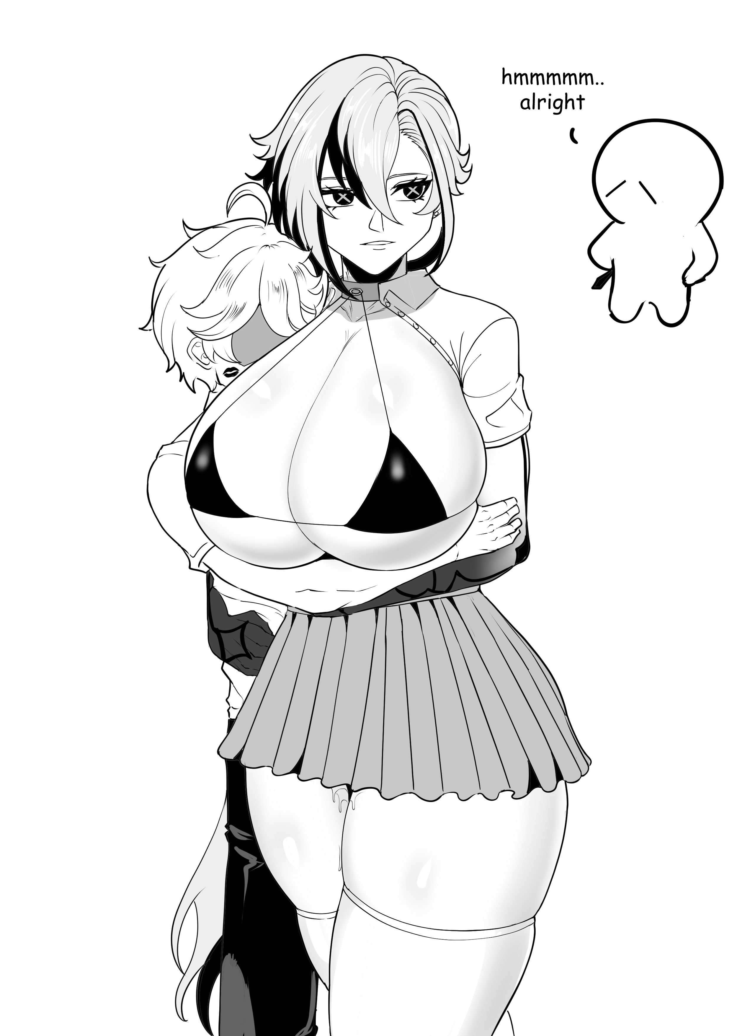 1boy, 1girls, 5 fingers, adult, adult female, adult woman, aether (genshin impact), age difference, arlecchino (genshin impact), arms, arms around another, arms around partner, arms around torso, arms under breasts, background, between eyes, big breasts, bigger female, bigger than her head, black and white, boobs bigger than head, breasts, breasts bigger than head, clothed, clothed female, clothed female clothed male, clothed male, clothed male clothed female, clothes, clothing, drawing, duo, english, english commentary, english language, english subtitles, english text, eyeless, eyeless character, eyeless dude, eyeless face, eyeless male, eyes, eyes open, female, female on male, female with male, female/male, fingers, fully clothed, fully clothed female, fully clothed male, genshin impact, grabbing, grabbing another's arm, grabbing arm, hair, hair between, hair between eyes, hand on another's arm, hand on arm, hands, height difference, holding, holding another, holding another's arm, holding arm, hoyoverse, huge boobs, huge breasts, hugging, hugging another, hugging partner, kiss mark, kiss mark on cheek, kiss mark on face, large boobs, large breasts, large tits, larger female, larger female smaller male, legs, legwear, lipstick, lipstick mark, lipstick mark on cheek, lipstick mark on face, long hair, long hair female, long haired, long-haired female, looking sideways, looking to the side, male, male on female, male with female, male/female, massive boobs, massive breasts, massive tits, mihoyo, monochrome, multicolored hair, no color, no colour, no sex, nwoidn, older, older female, older female and younger male, open eyes, pupils, shorter male, shorter male/taller female, size difference, smaller male, smaller male larger female, standing, symbol, symbol in eye, symbol in eyes, symbol shaped pupils, symbol-shaped eyes, symbol-shaped pupil, symbol-shaped pupils, taller, taller female, taller girl, taller woman, text, thick, thick thighs, thighs, tits bigger than head, two tone hair, two-tone hair, unique eyes, white background, x-shaped, x-shaped pupils, younger male