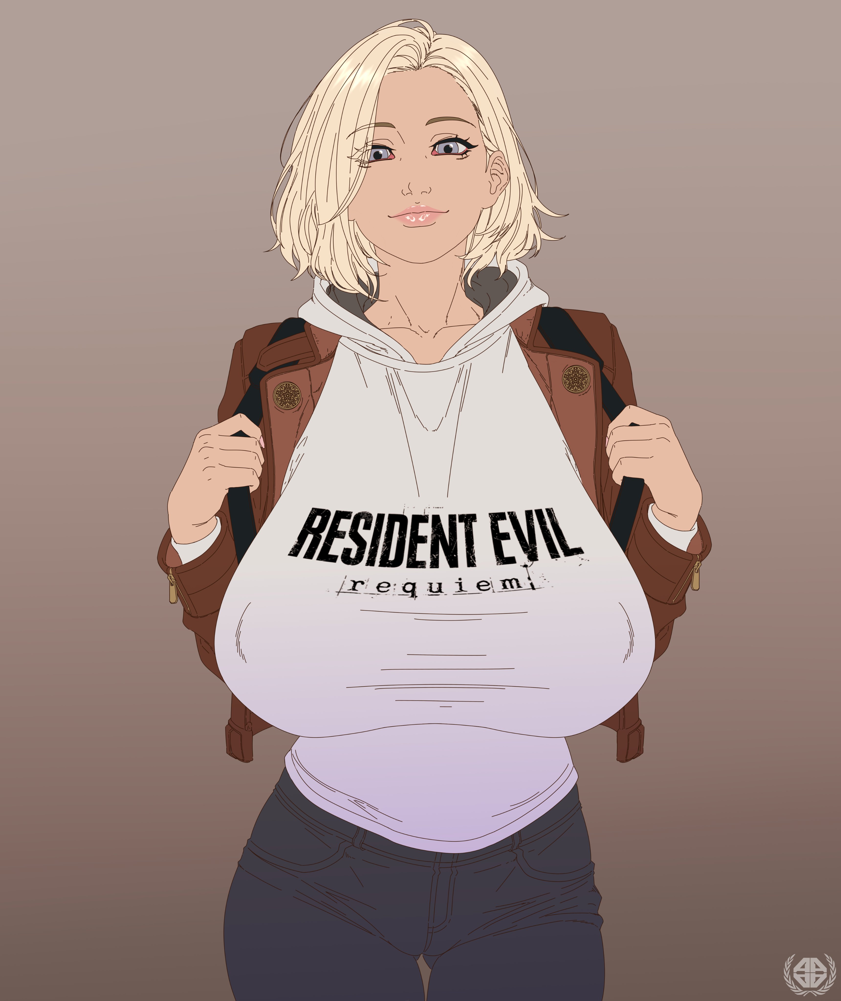 1girls, amaurymangaka, artist logo, backpack, blonde hair, blue eyes, breasts, covered erect nipples, female, female focus, female only, grace ashcroft, grace ashcroft (julia pratt), huge breasts, jacket, logo on clothes, looking at viewer, pants, resident evil, resident evil 9: requiem, shirt, short hair, smile, solo, solo female, solo focus, wide hips