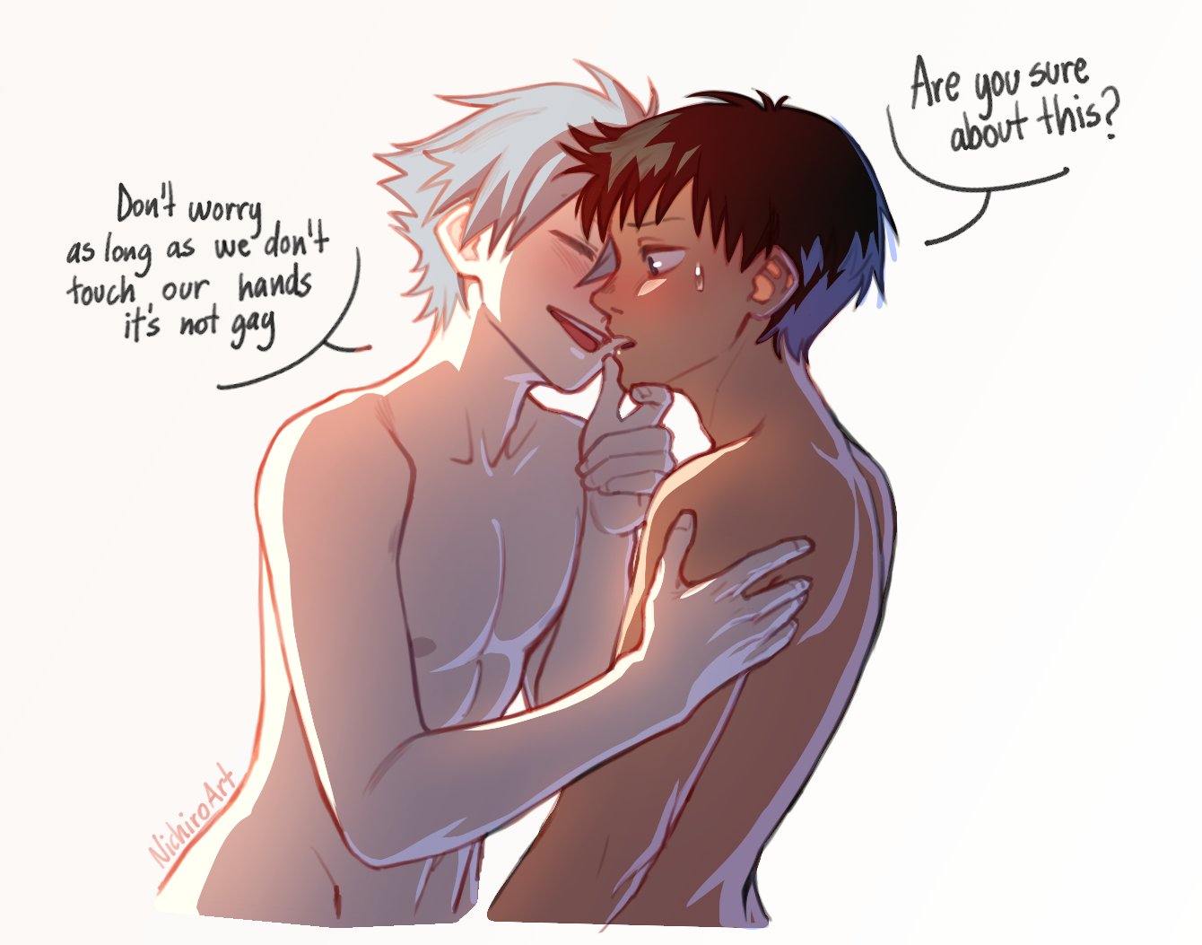 2boys, english text, gay, gay denial, gay male, kaworu nagisa, male only, neon genesis evangelion, nichiro, nichiroart, nipples, no homo, no sex, nude, shinji ikari, yaoi
