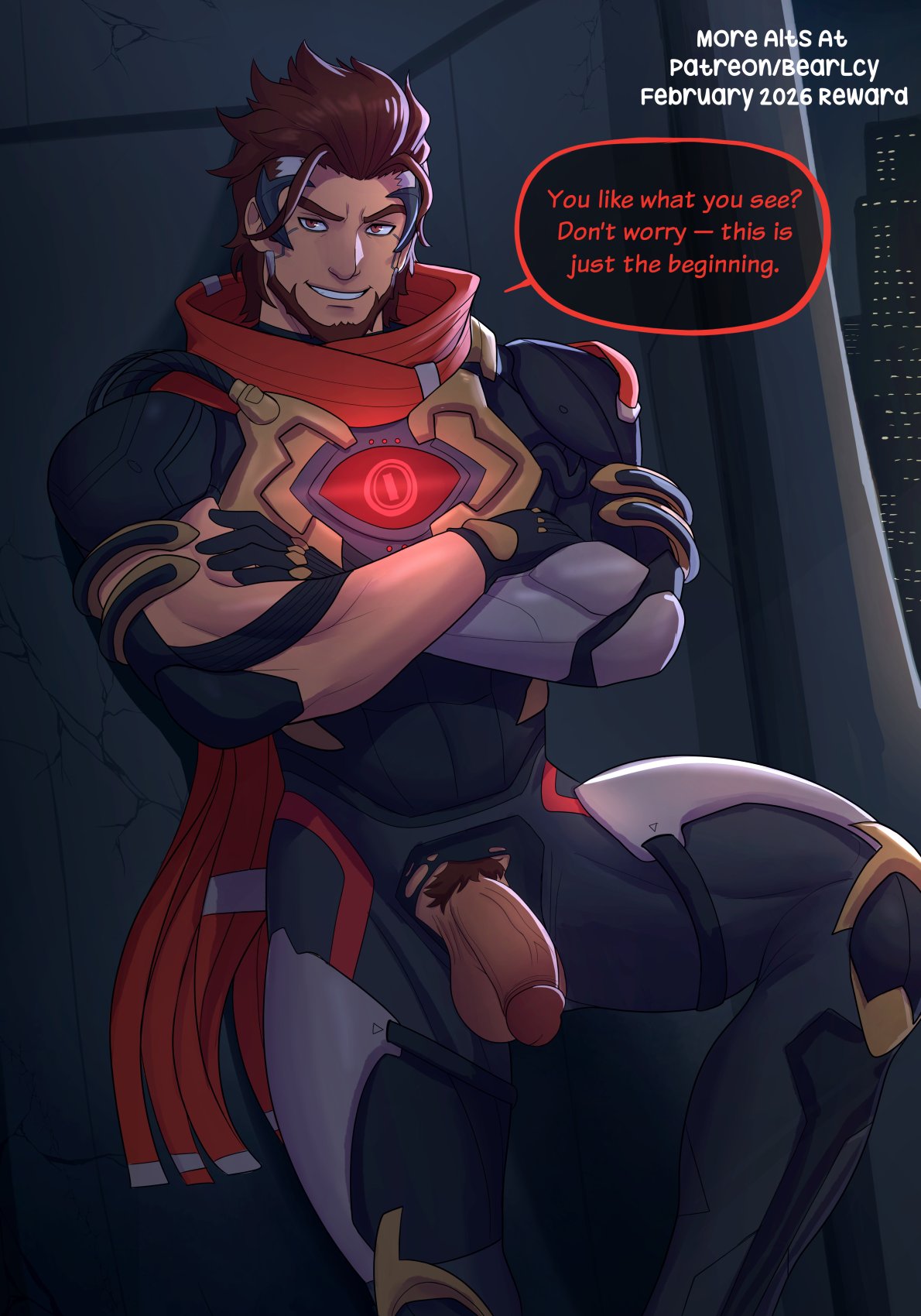1boy, armor, arms crossed, artist name, bara, beard, bearlcy, bodysuit, brown hair, bushy pubes, clothed, emre, emre (overwatch), emre sarioglu, facial hair, flaccid, flaccid penis, gay, gloves, male, male only, muscular, muscular male, night, outdoor nudity, outdoors, overwatch, overwatch 2, penis, pubes, pubic hair, ripped bodysuit, ripped clothing, scarf, solo, talking, testicles, text, text bubble, veiny penis, yaoi