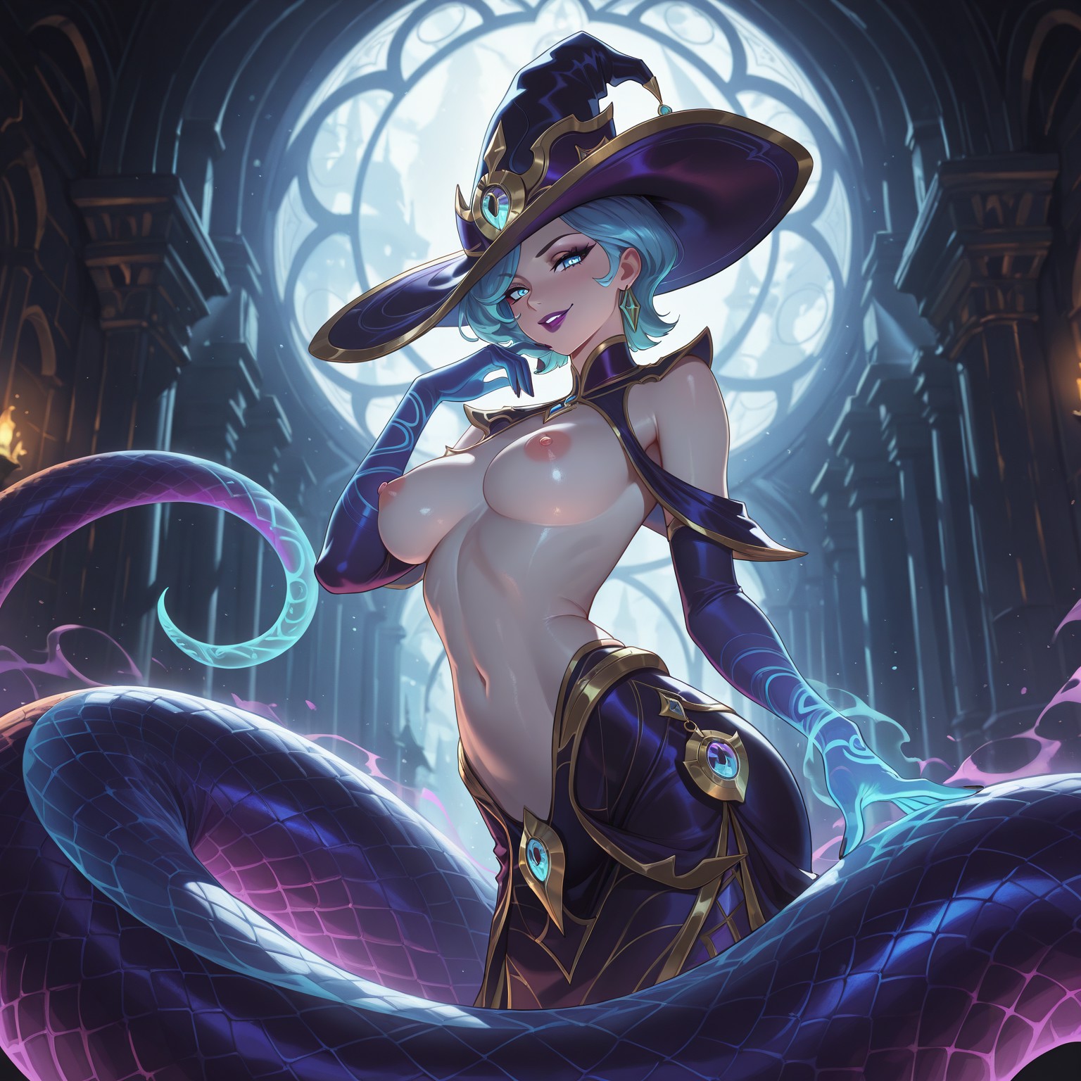 ai generated, bewitching cassiopeia, breasts out, brocolibaron, cassiopeia du couteau, curvaceous, curvy, female, harrowing series, large breasts, league of legends, seductive, sexy, tales from the rift series, topless