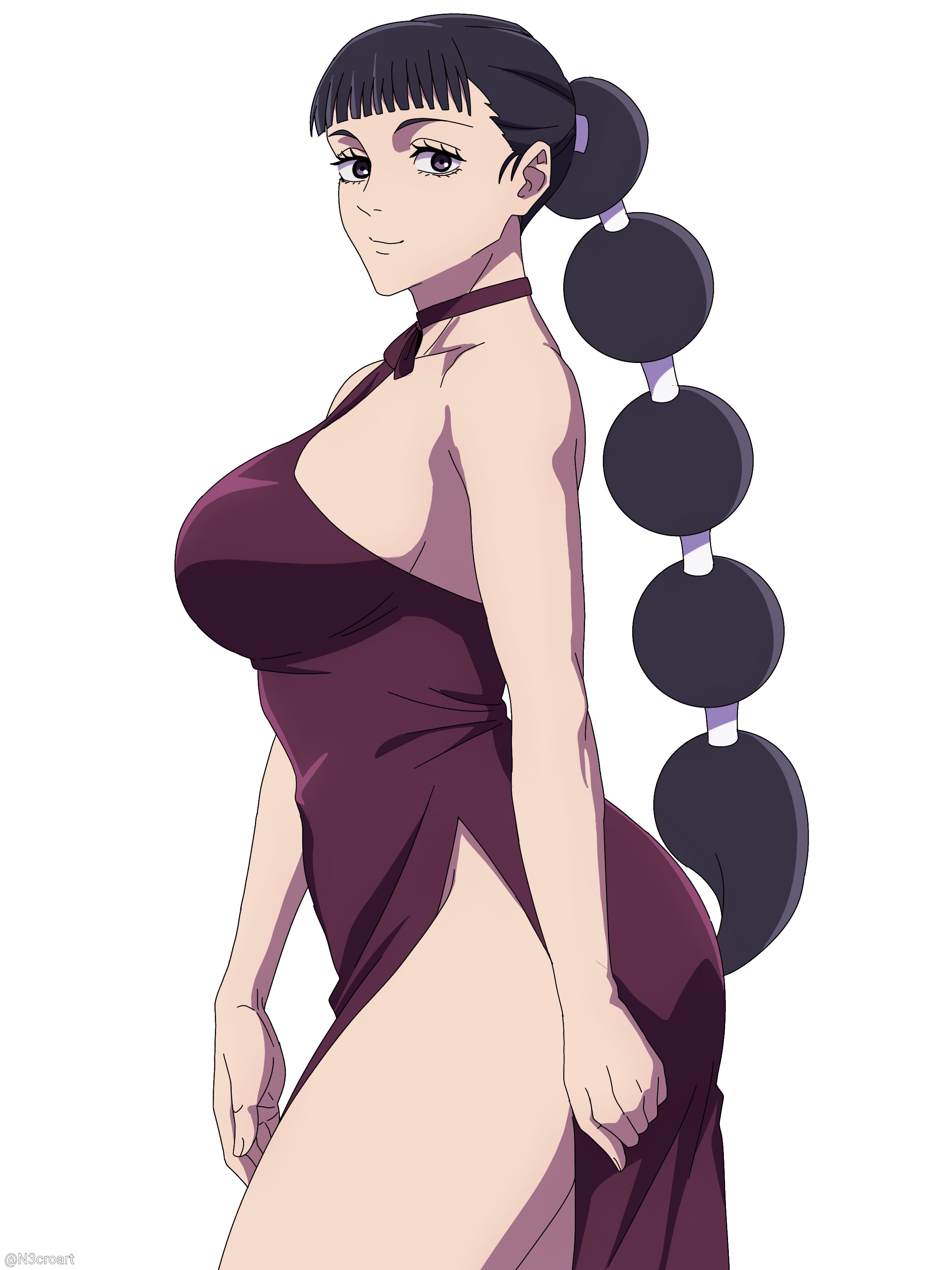 1girls, alternate breast size, bangs, big ass, big breasts, black hair, braid, child bearing hips, choker, clothing, curvy, dress, hourglass figure, huge ass, jujutsu kaisen, looking at viewer, n3croart, pinup, plain background, remi (jujutsu kaisen), sfw, sideboob, smiling, smiling at viewer, solo, standing, thick, thick ass, thick thighs, thighs, white background
