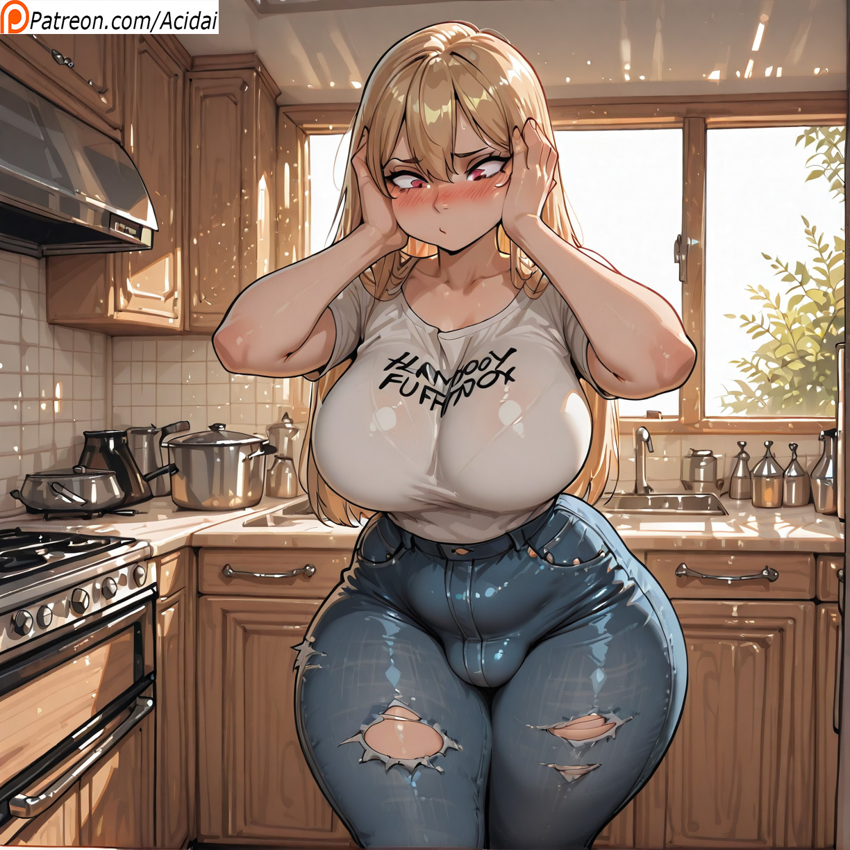 1boy, 8k, acidai, ai generated, bangs, big ass, big breasts, blonde, blonde hair, blush, boobs, breast, bulge, bulge through clothing, embarrassed, femboy, feminization, futa only, futanari, genderswap (mtf), hair between eyes, jeans, light-skinned male, lips, lipstick, long hair, male, male only, nails, penis, red eyes, ripped clothes, sexy pose, shy, sidelocks, small waist, solo, teasing, thick lips, undressing, wide hips