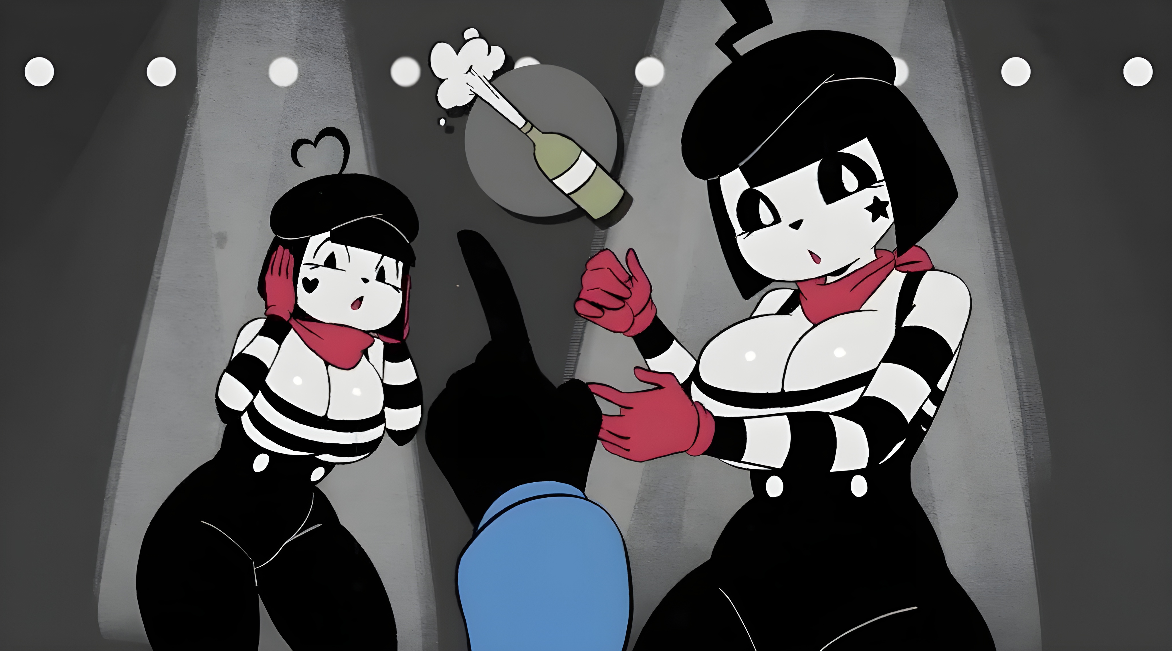 2d, 2d (artwork), 2d artwork, 2girls, big breasts, black eyes, black hair, black sclera, bob cut, bonbon (derpixon), breasts, chuchu (derpixon), cleavage, clothed, clothing, digital art, digital drawing, digital drawing (artwork), digital media, digital media (artwork), digital painting, digital painting (artwork), duo, female, female focus, female only, gloves, grey background, handwear, hat, headgear, headwear, heart on cheek, heart symbol, huge breasts, joaoppereiraus, large breasts, looking at viewer, mime, mime and dash, mime girl, multiple females, multiple girls, red gloves, red handwear, red scarf, scarf, short black hair, short hair, simple background, smile, smiling at viewer, star (symbol), star on cheek, tagme, thick thighs, thighs, upscaled, white body, white eyes, white skin, wide hips