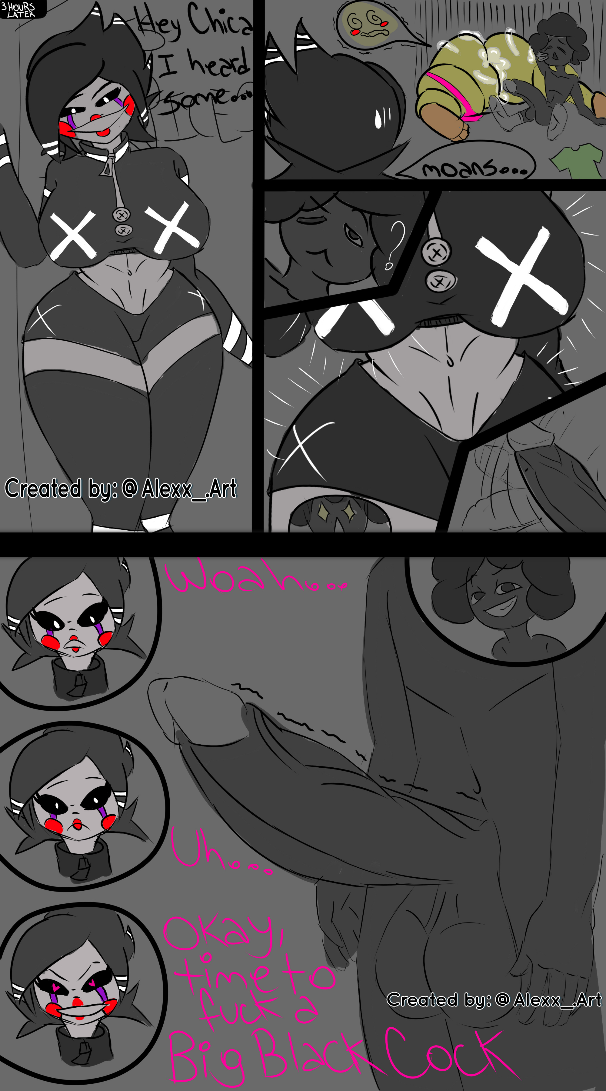 alexx art, big ass, big balls, big breasts, big butt, big penis, comic, comic page, dialogue, five nights at freddy's, fnaf, fredina's nightclub, huge ass, huge balls, huge breasts, huge butt, huge cock, human, marie (cally3d), marie (cryptia), marionette (fnaf), puppet (fnaf), smaller male, straight, toy chica (fnaf)