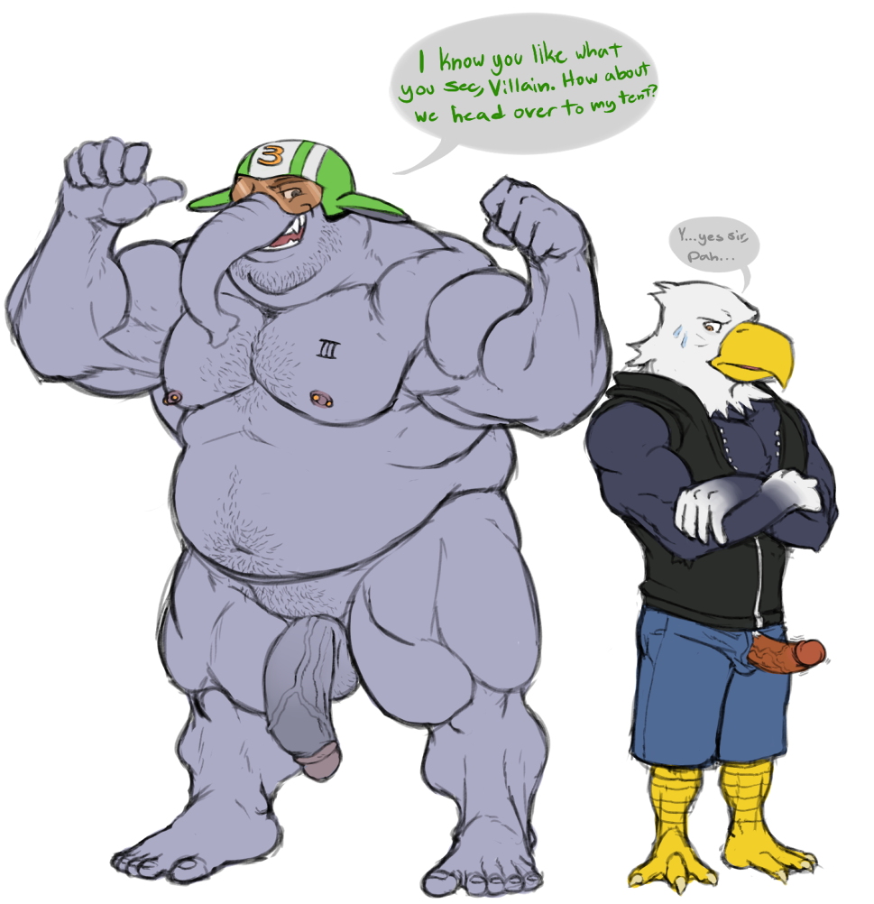 2017 3_toes 5_fingers 5_toes animal_crossing anthro apollo_(animal_crossing) armor avian balls beard belly big_belly big_top_(animal_crossing) bird black_feathers blue_eyes body_hair chest_hair clothed clothing crossed_arms duo eagle elephant english_text erection facial_hair feathers flexing grey_penis grey_skin half-erect happy_trail helmet humanoid_penis jacket jeans looking_at_another looking_at_penis male male_only mammal muscular muscular_male navel nintendo nipple_piercing nipples nude open_mouth open_shirt orange_eyes pants partially_clothed penis penis_size_difference penis_through_fly piercing poking_out pubes red_penis simple_background size_difference slightly_chubby smile talons tattoo teeth text toes trunk video_games white_background white_feathers wkd