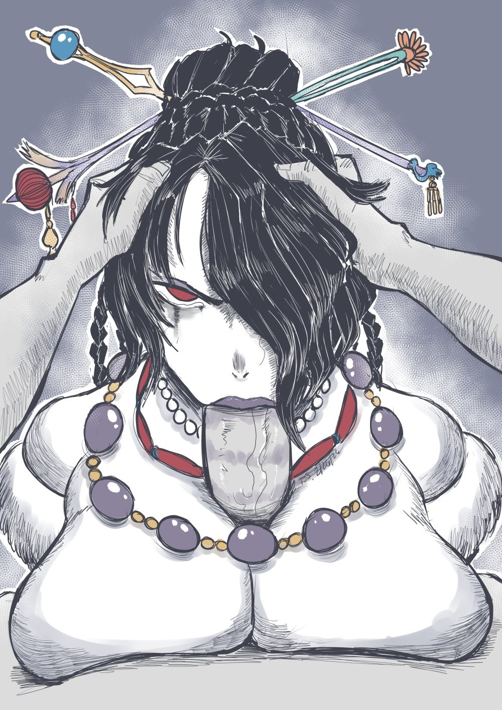 1boy, 1girls, angry, angry fellatio, big breasts, blowjob, fellatio, final fantasy, final fantasy x, hands on head, huge breasts, looking at viewer, lulu (final fantasy), paizufella, paizuri, partial male, runny makeup, runny mascara, tomboy sama