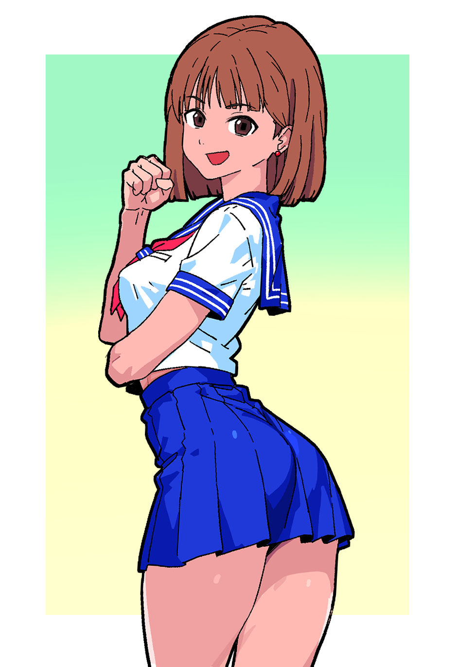 1girls, 2026, ass, breasts, brown eyes, brown hair, ear piercing, earrings, female, female only, janken game acchi muite hoi!, light skin, light-skinned female, medium breasts, open mouth, school uniform, schoolgirl, short hair, simple background, skirt, solo, solo female, tomomi (janken game acchi muite hoi!), yaki apple