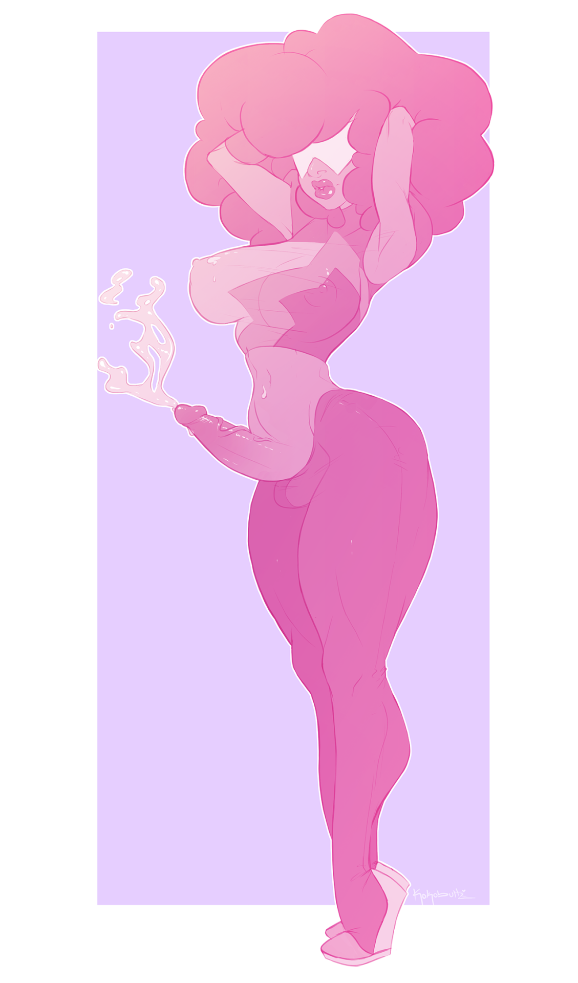 1futa, arms behind head, arms up, artist name, breasts, cum, erect nipples, erect penis, futa only, futanari, garnet (steven universe), gem (species), gem fusion, hands in hair, intersex, kokobuttz, large breasts, leggings, navel, nipples, one breast out, parted lips, penis, simple background, solo, solo futa, steven universe, visor, wide hips