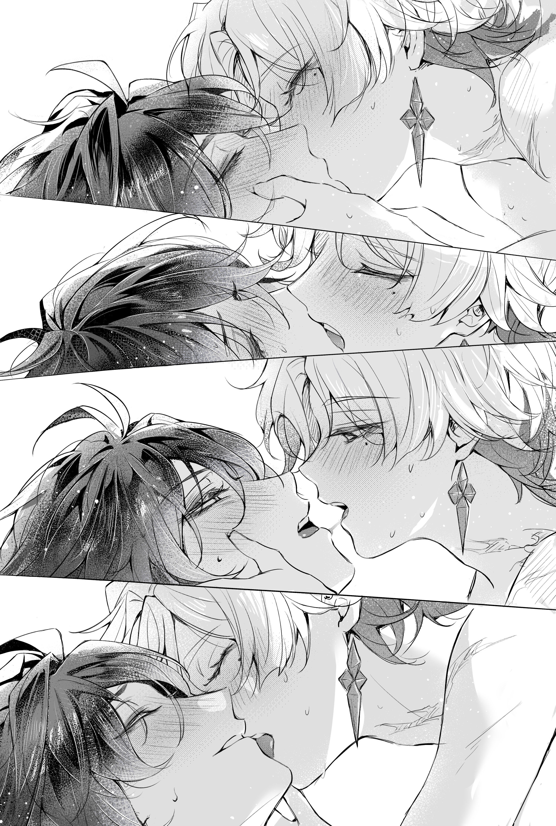 2boys, ahoge, arm scar, blush, closed eyes, dark hair, ear piercing, earrings, flins (genshin impact), gay, gay male, genshin impact, greyscale, illuga (genshin impact), kissing, light hair, male, male focus, male only, male/male, manga, mole, mole under eye, neck scar, open eyes, piercing, saliva, saliva drip, saliva string, saliva trail, scar, scarred, shuika, sweat, tongue, yaoi