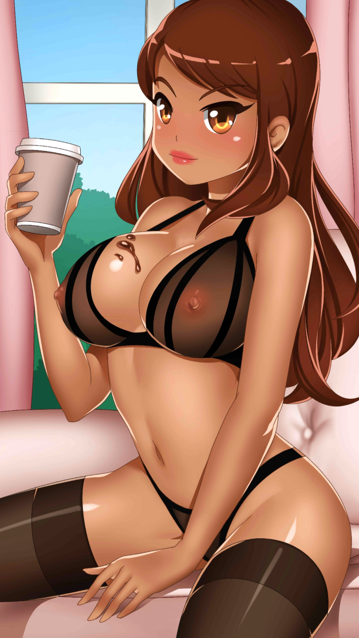 1girls booty_calls brown_eyes brown_hair coffee coffee_cup dark-skinned_female female female_only large_breasts lingerie long_hair sasha_(booty_calls) solo stockings underwear