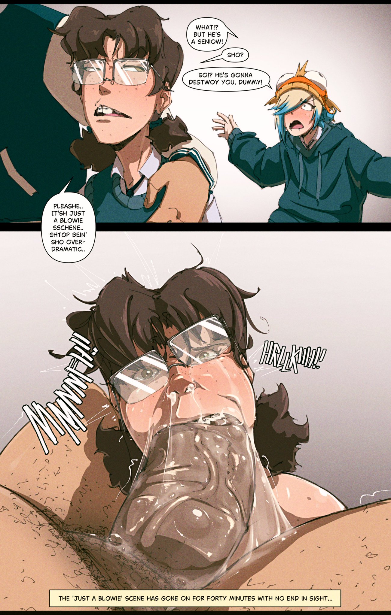 1boy, 2girls, 2koma, big dick, big penis, braces, brown hair, chesley (kiryu-sketchbook), crying, fellatio, glasses, huge penis, kiryu artwork, kiryu-sketchbook, large dick, large penis, lisp, nerd, nerdy female, oral, original, penis, school uniform, sloppy blowjob, teenager, text, tully (kiryu-sketchbook), uncensored