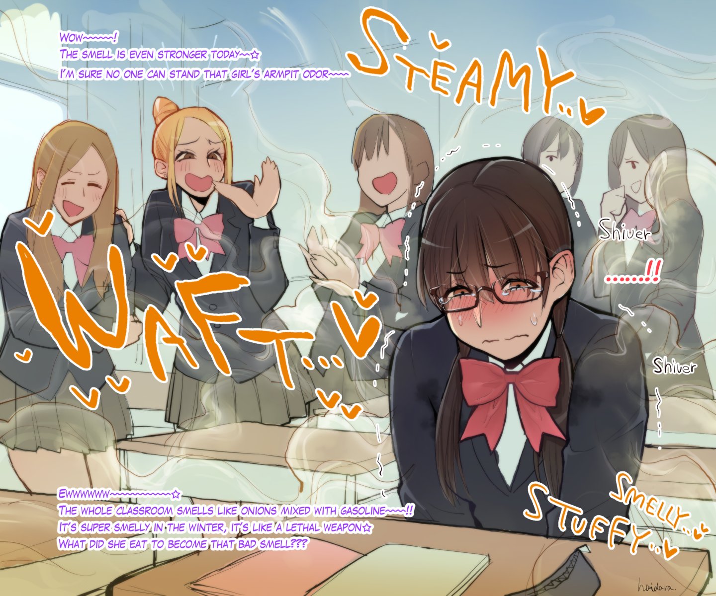 2d (artwork), 6girls, big bow, blonde hair, brown eyes, brown hair, bullying, classroom, glasses, haidara, hairbun, school uniform, schoolgirl, stink clouds, stink fumes, sweat stain, sweaty armpits, tearing up, twintails