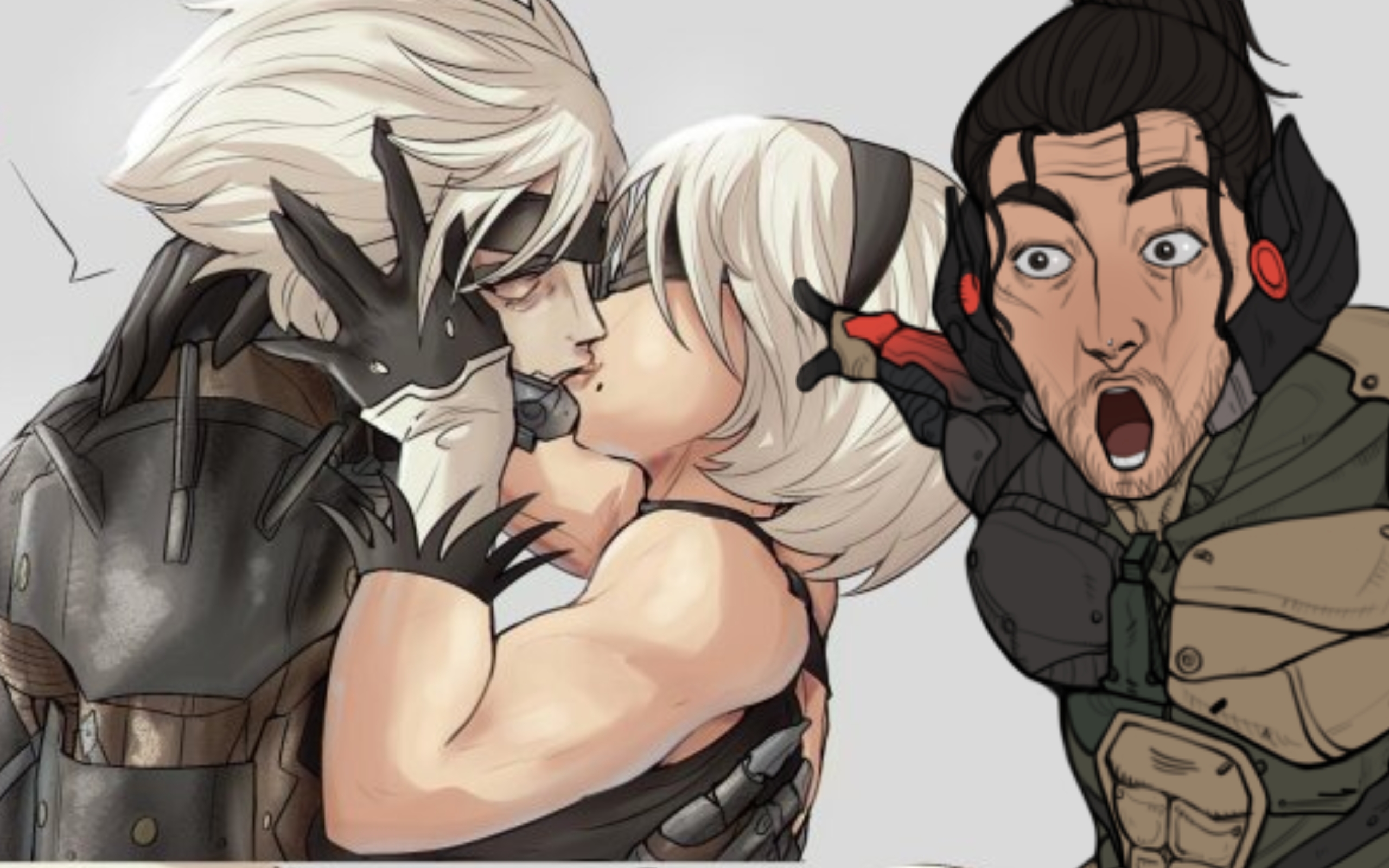1girls, 2b (nier:automata), 2boys, crossover, female, jetstream sam, kissing, meme, metal gear, metal gear rising, metal gear rising: revengeance, metal gear solid, nier (series), nier: automata, pointing at another, raiden (metal gear), source request, surprised, yoracrab, yorha 2b
