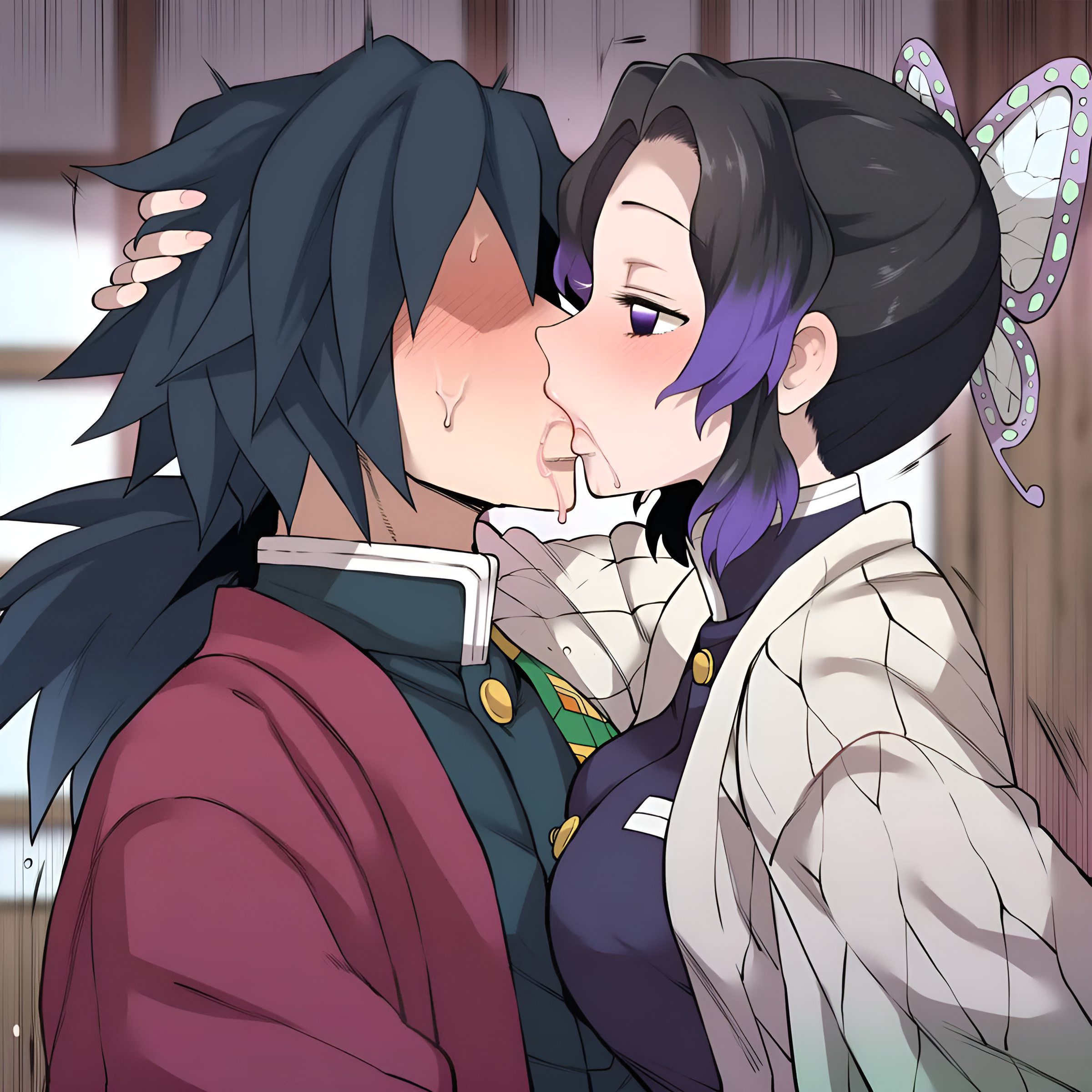 1boy, 1boy1girl, ai generated, alluring, big breasts, black hair, blush, butterfly hair ornament, clothed, clothed female, clothed male, clothes, couple, darklust, demon slayer, drool, drooling, female, grabbing, grabbing head, head grab, heterosexual, horny, horny female, horny male, imminent sex, kimetsu no yaiba, kissing, kochou shinobu, male, male/female, nervous, nervous male, passionate, passionate kiss, pre sex, saliva, saliva trail, straight, sweatdrop, tomioka giyuu, violet eyes