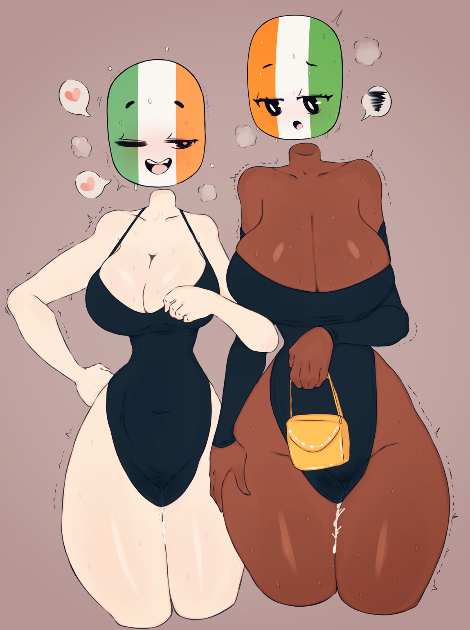 2girls, after sex, black dress, côte d'ivoire (countryhumans), cleavage, countryhumans, countryhumans girl, cum in pussy, dark-skinned female, duo, duo female, flawsy, handbag, ireland (countryhumans), light-skinned female, sweaty, tagme